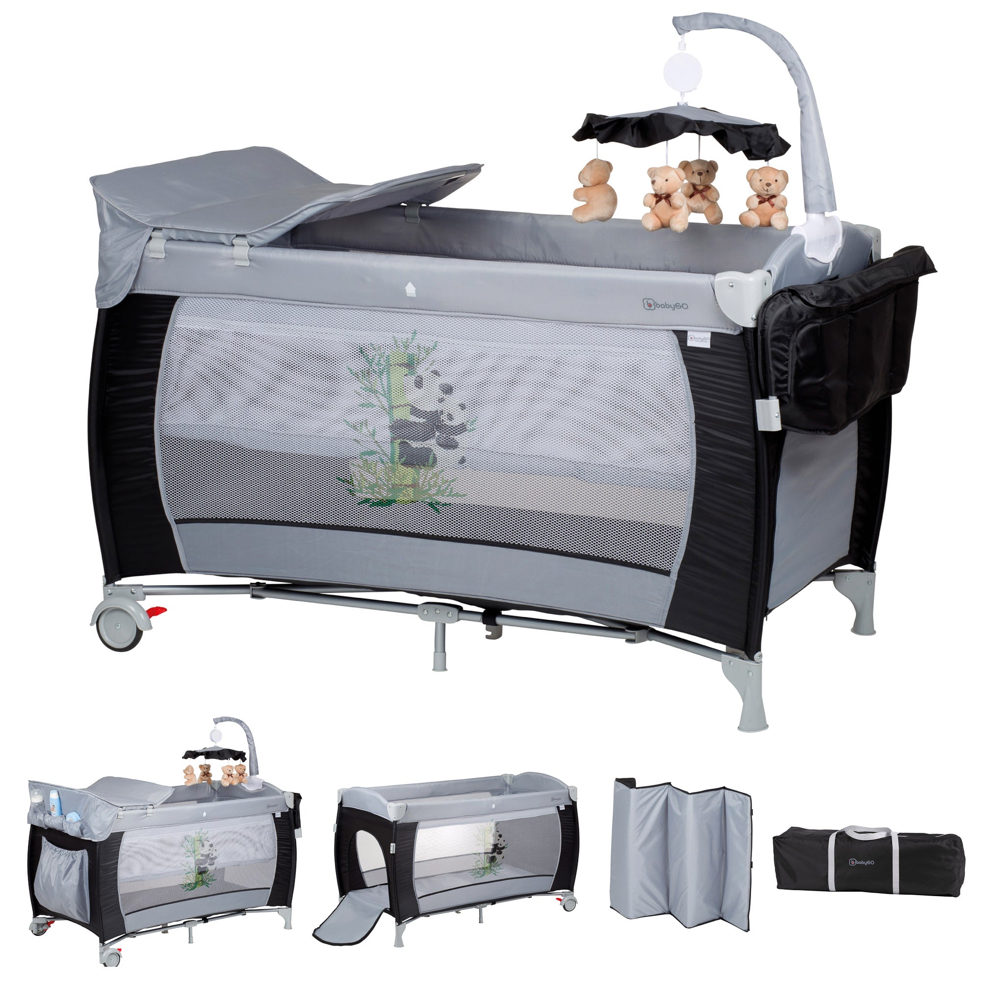babyGO Reisebett Sleeper Deluxe 3in1 – Baby Reisebett mit Wickelauflage, Mobile & Zubehör