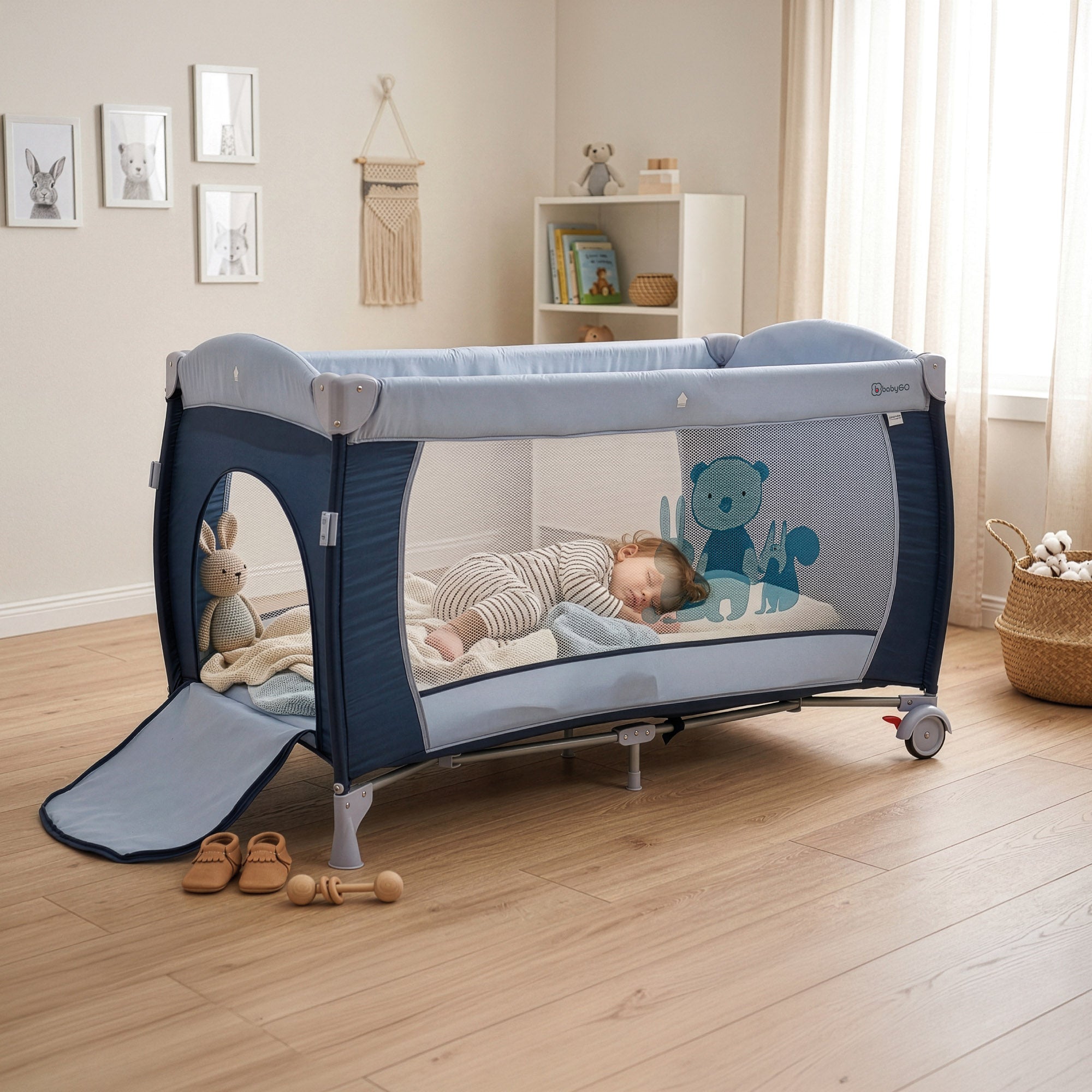 babyGO Reisebett Sleeper Deluxe 3in1 – Baby Reisebett mit Wickelauflage, Mobile & Zubehör
