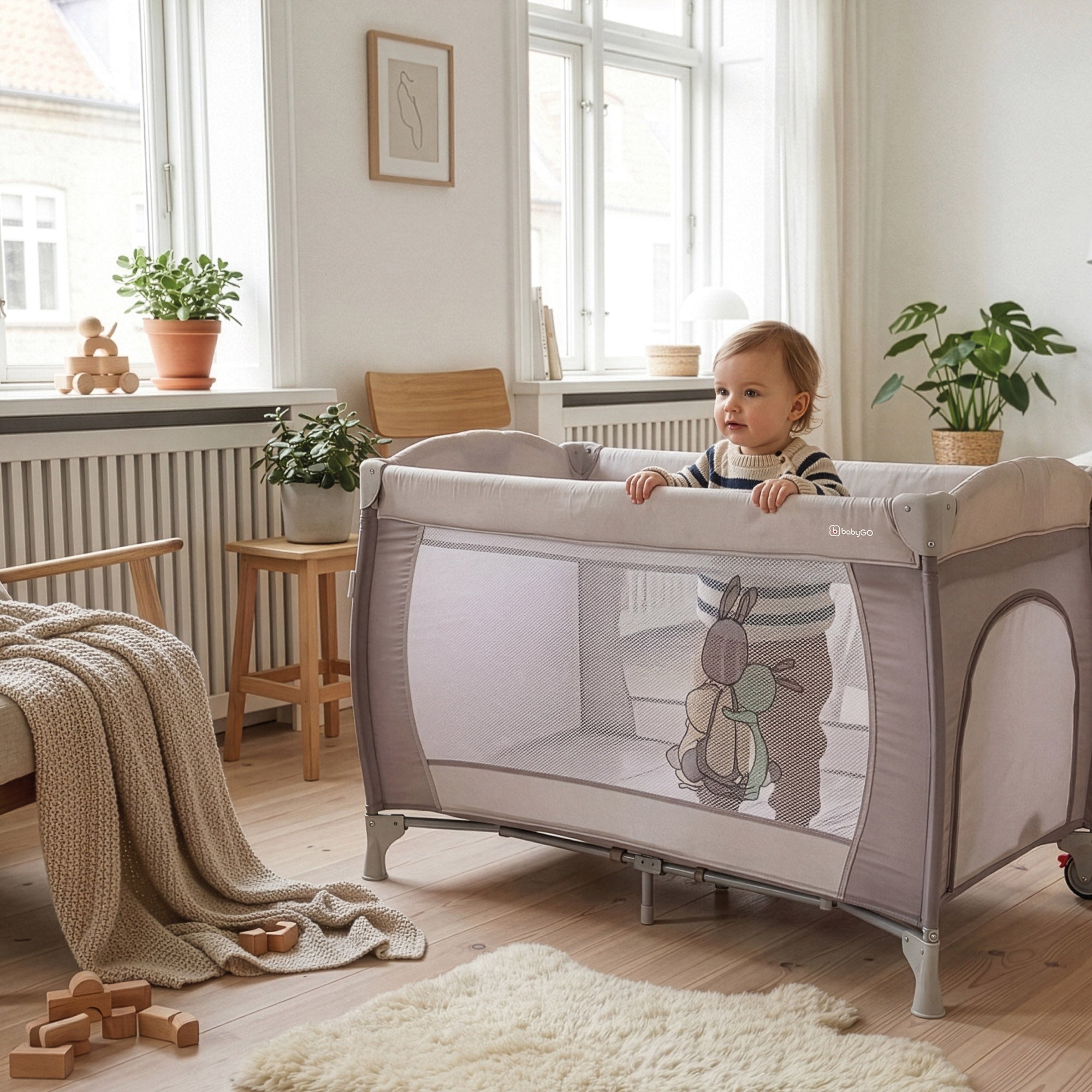 babyGO Reisebett Sleeper Deluxe 3in1 – Baby Reisebett mit Wickelauflage, Mobile & Zubehör