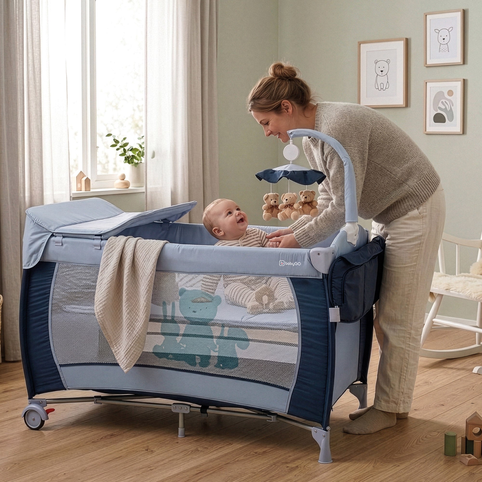 babyGO Reisebett Sleeper Deluxe 3in1 – Baby Reisebett mit Wickelauflage, Mobile & Zubehör
