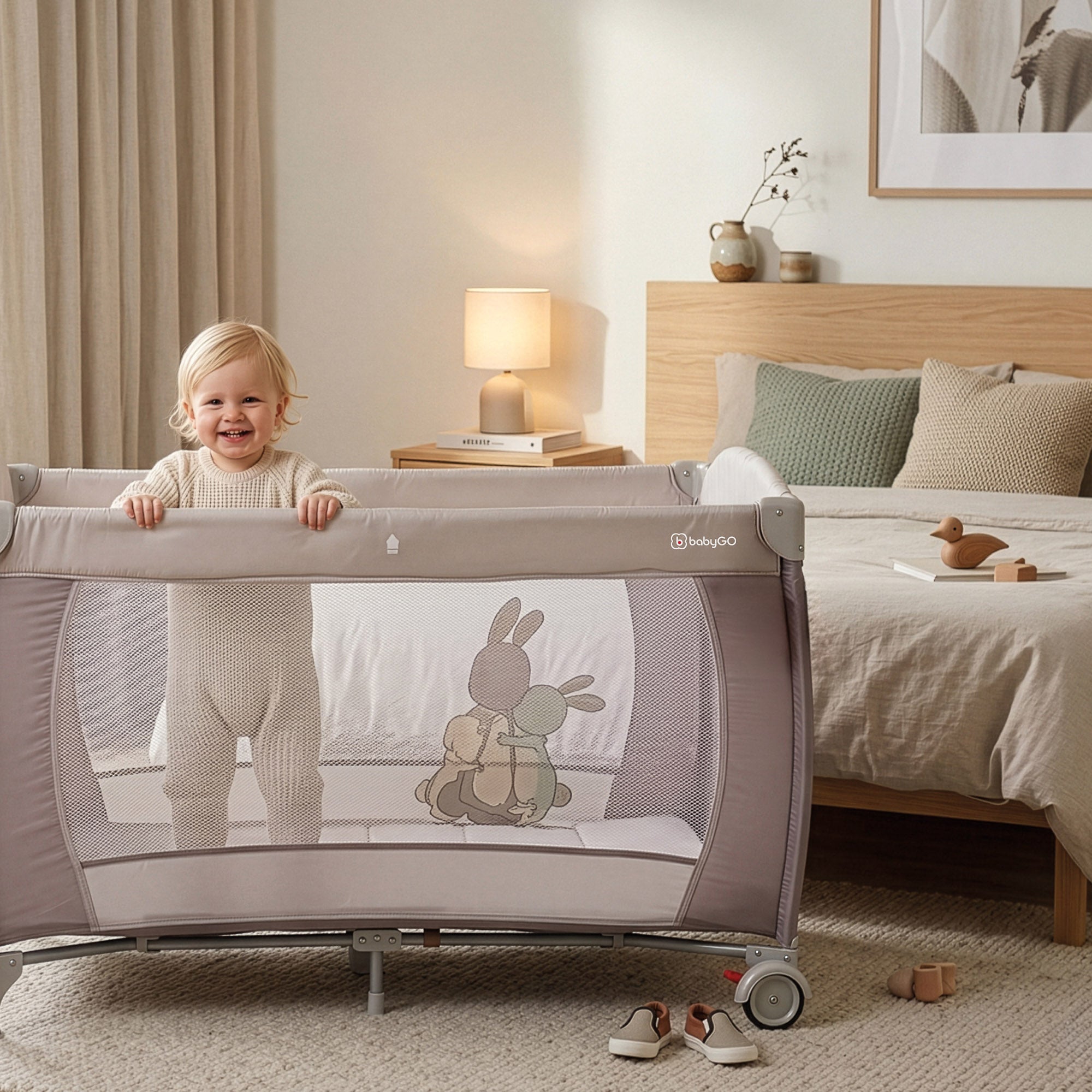 babyGO Reisebett Sleeper Deluxe 3in1 – Baby Reisebett mit Wickelauflage, Mobile & Zubehör