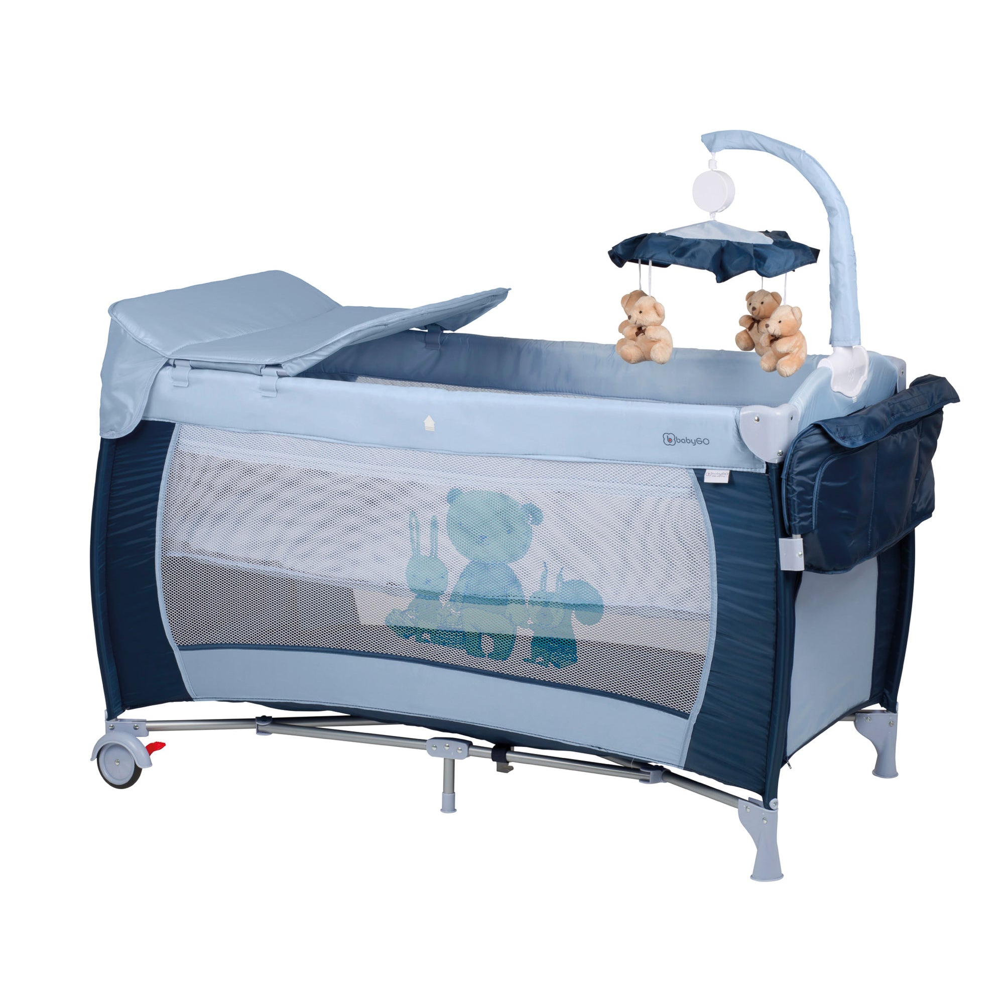 babyGO Reisebett Sleeper Deluxe 3in1 – Baby Reisebett mit Wickelauflage, Mobile & Zubehör