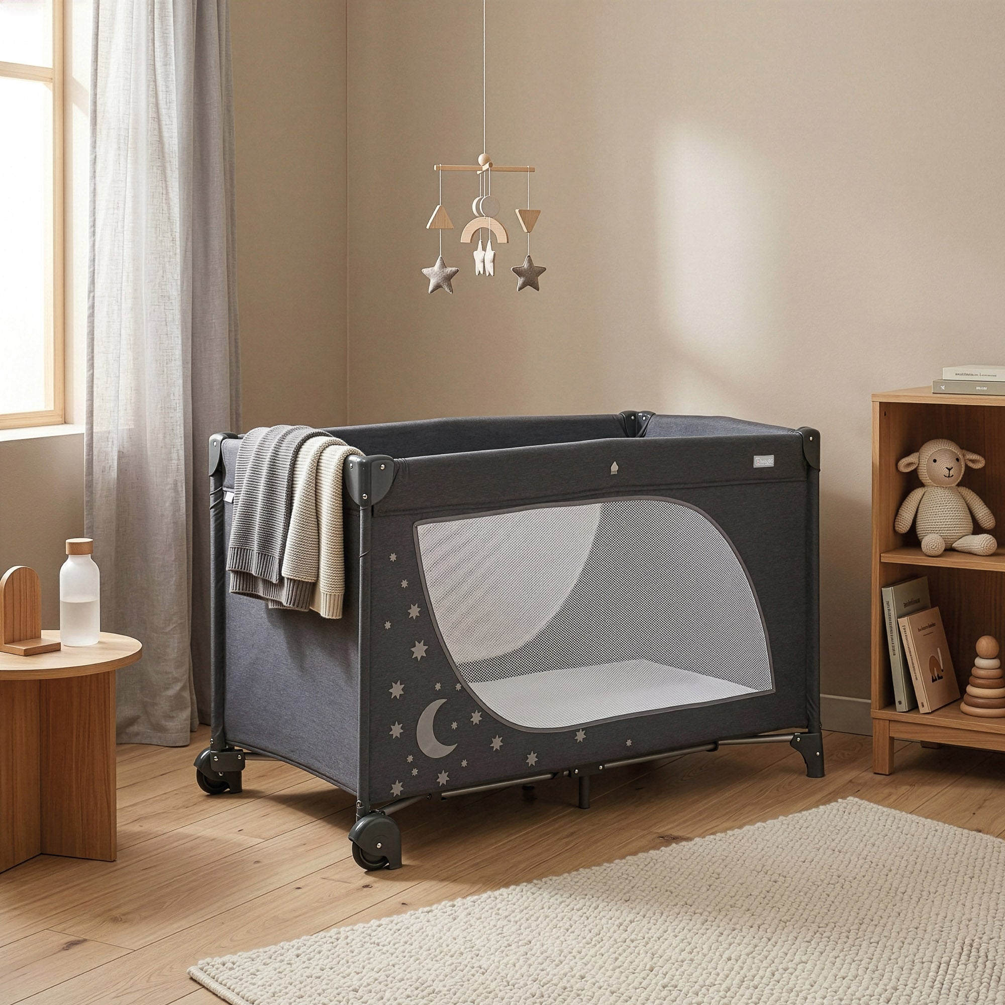 babyGO Moonstar Reisebett 120x60 cm – Glow in the Dark Reisebett mit Seiteneinstieg & Tragetasche