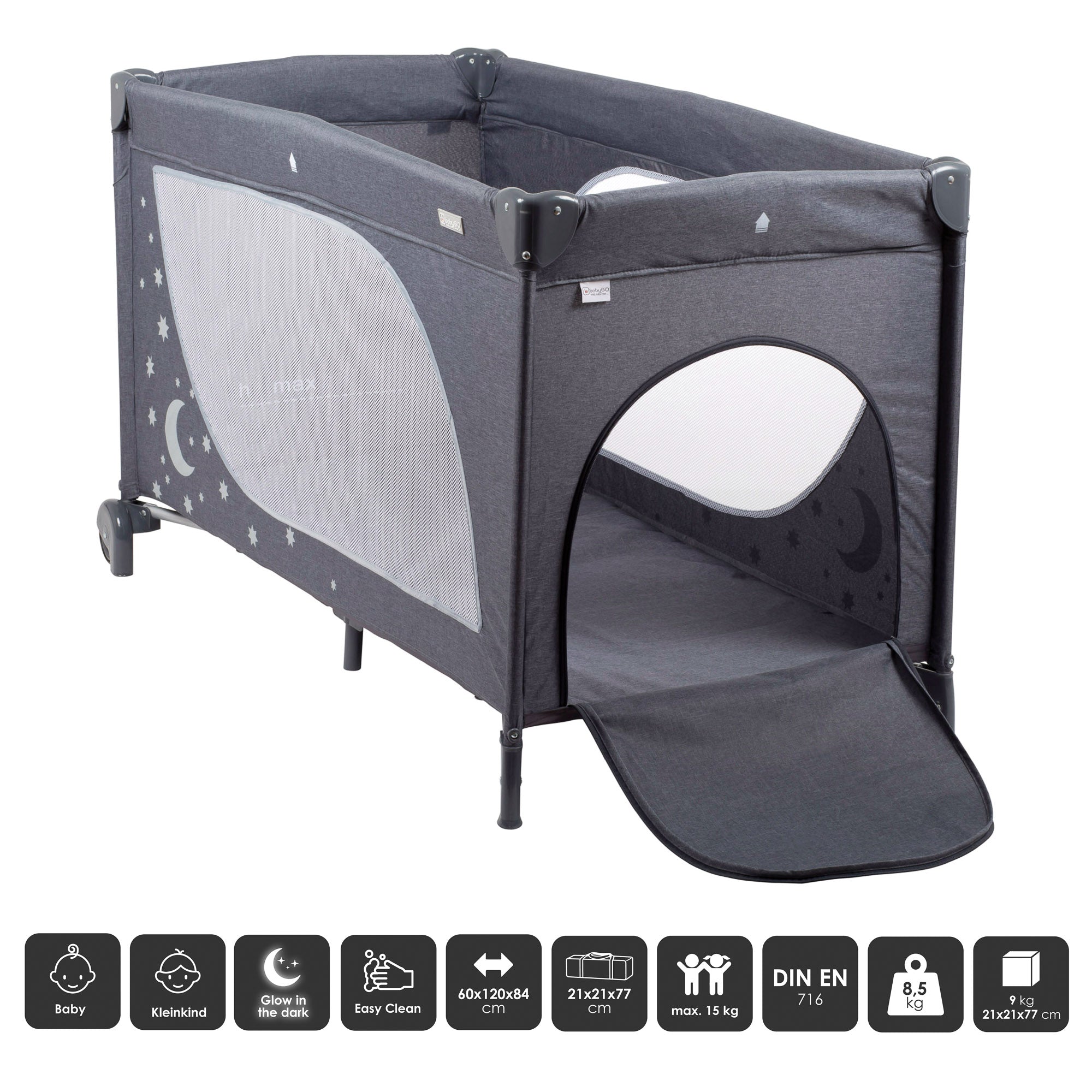 babyGO Moonstar Reisebett 120x60 cm – Glow in the Dark Reisebett mit Seiteneinstieg & Tragetasche