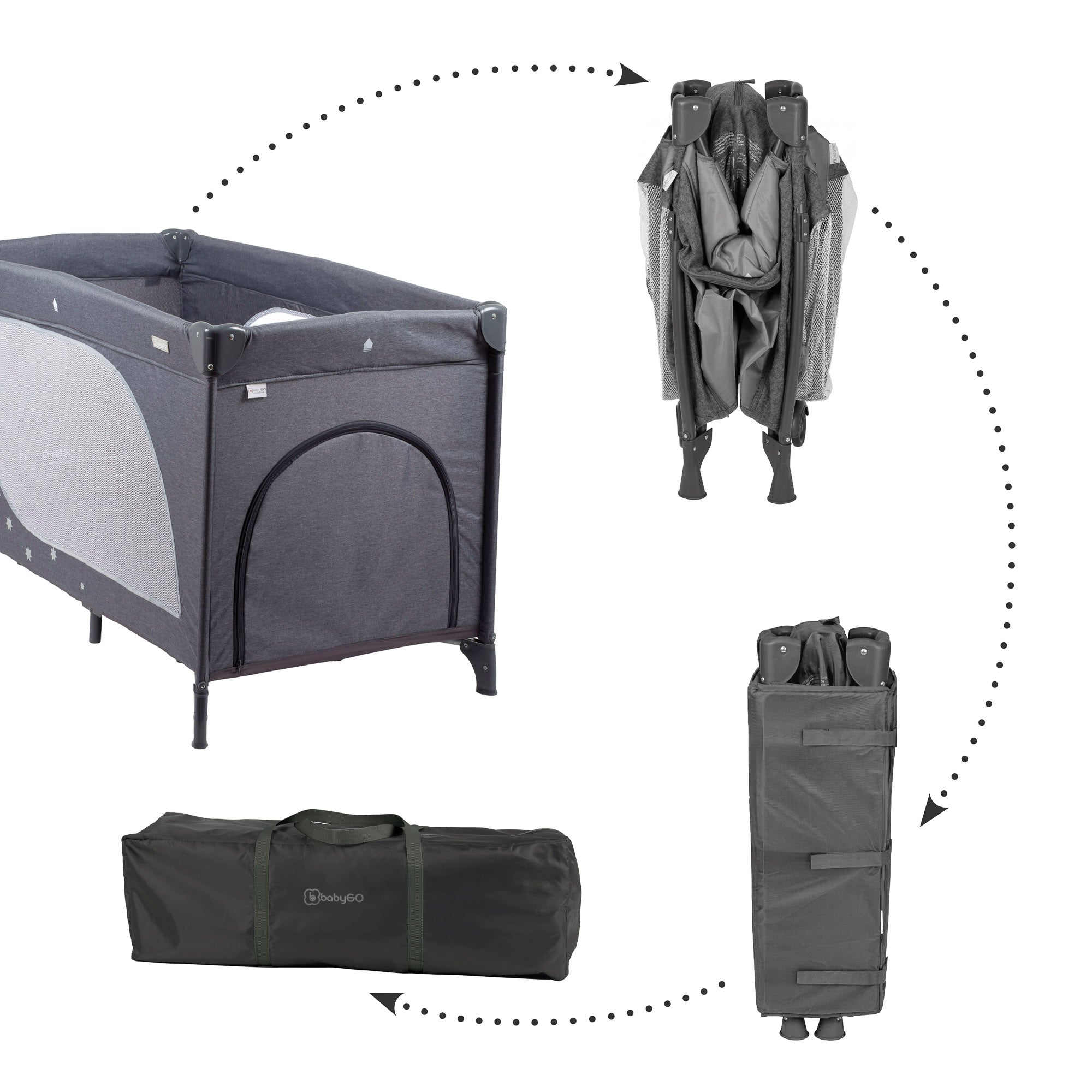 babyGO Moonstar Reisebett 120x60 cm – Glow in the Dark Reisebett mit Seiteneinstieg & Tragetasche