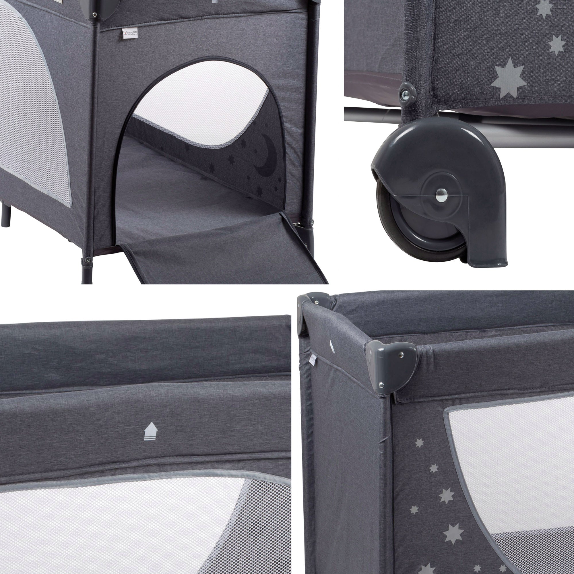 babyGO Moonstar Reisebett 120x60 cm – Glow in the Dark Reisebett mit Seiteneinstieg & Tragetasche