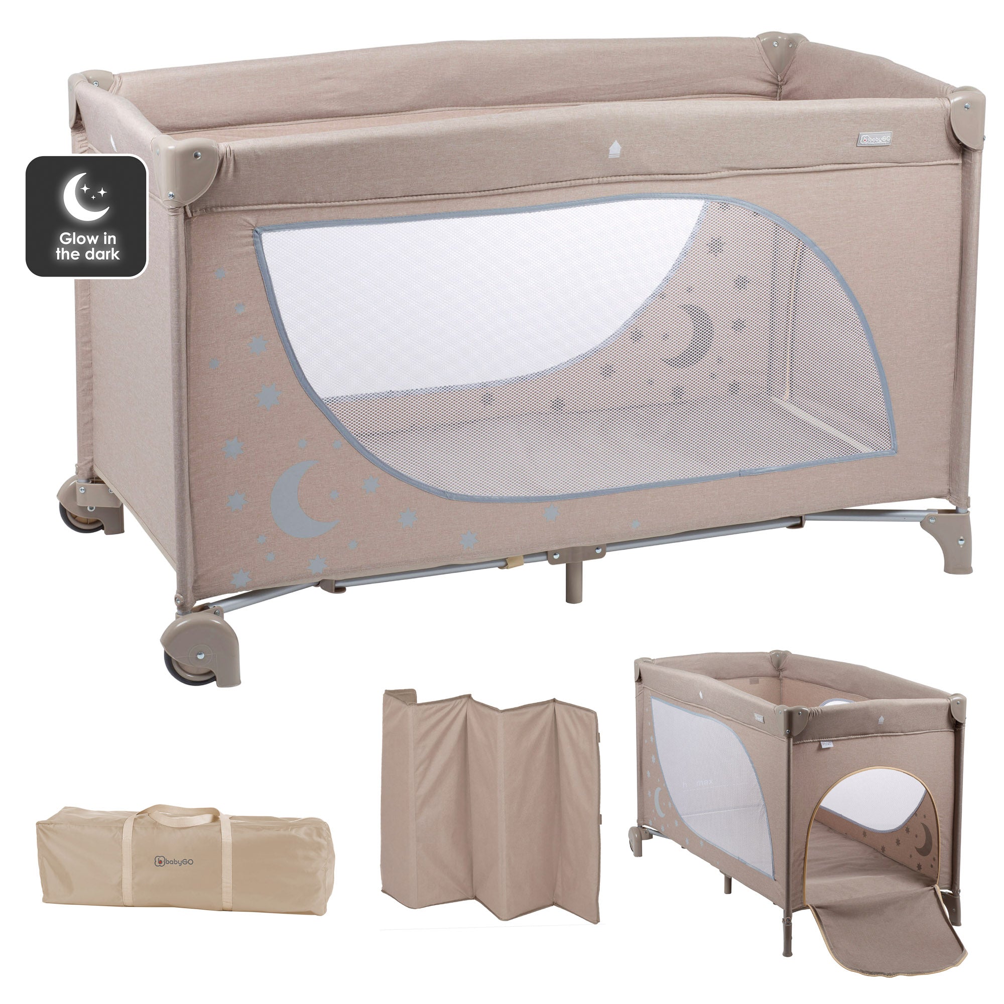 babyGO Moonstar Reisebett 120x60 cm – Glow in the Dark Reisebett mit Seiteneinstieg & Tragetasche