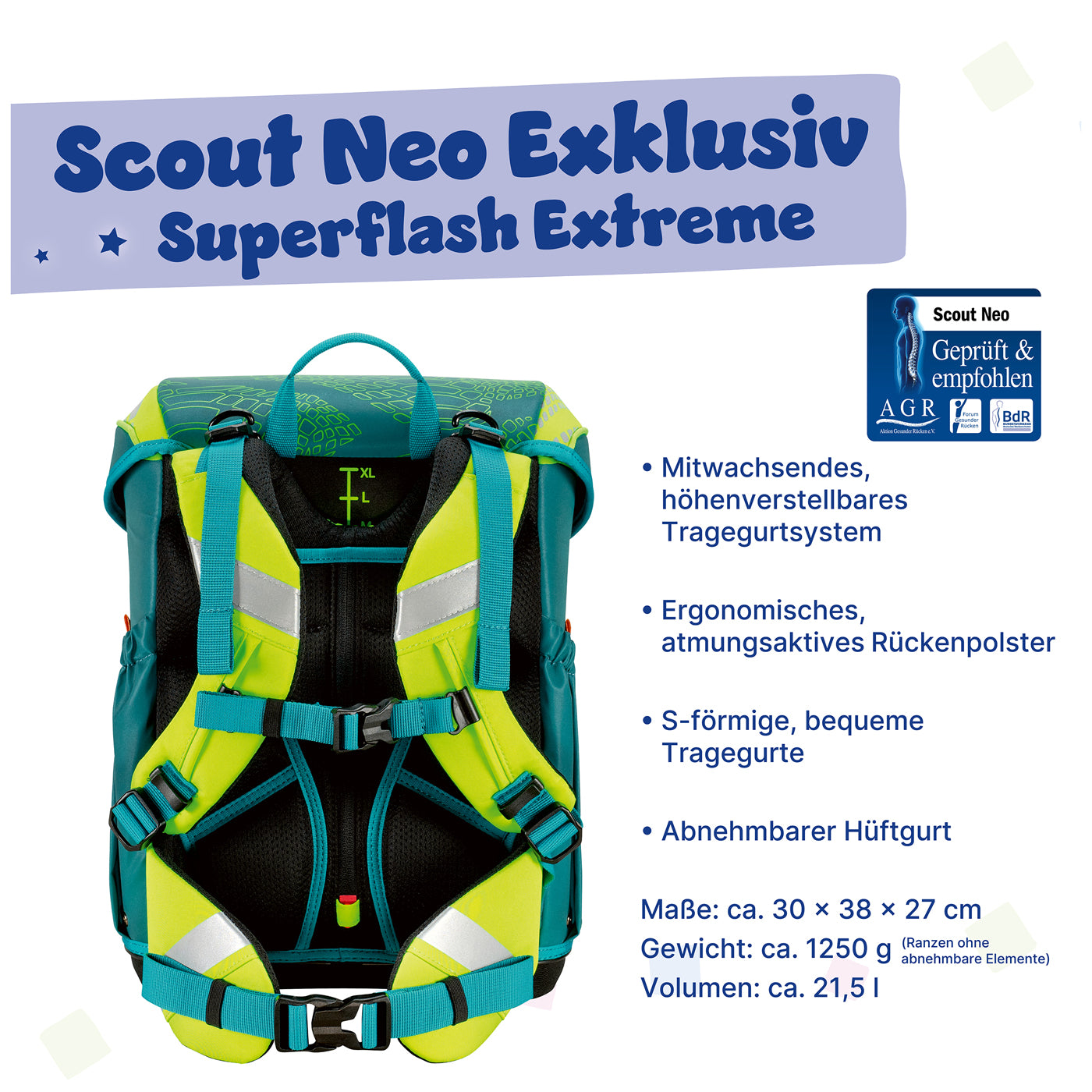 Scout Neo Exklusiv Superflash Extreme Lizard – ergonomisches Schulranzen-Set