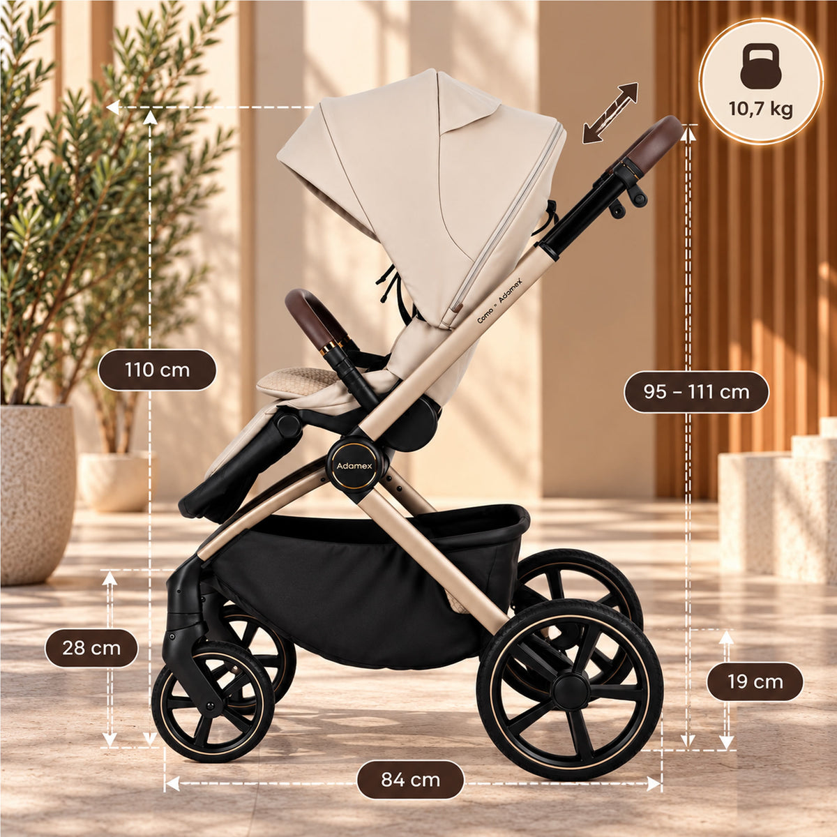 Adamex COMO 2-in-1 Kinderwagen Natura Beige – faltbare Babywanne