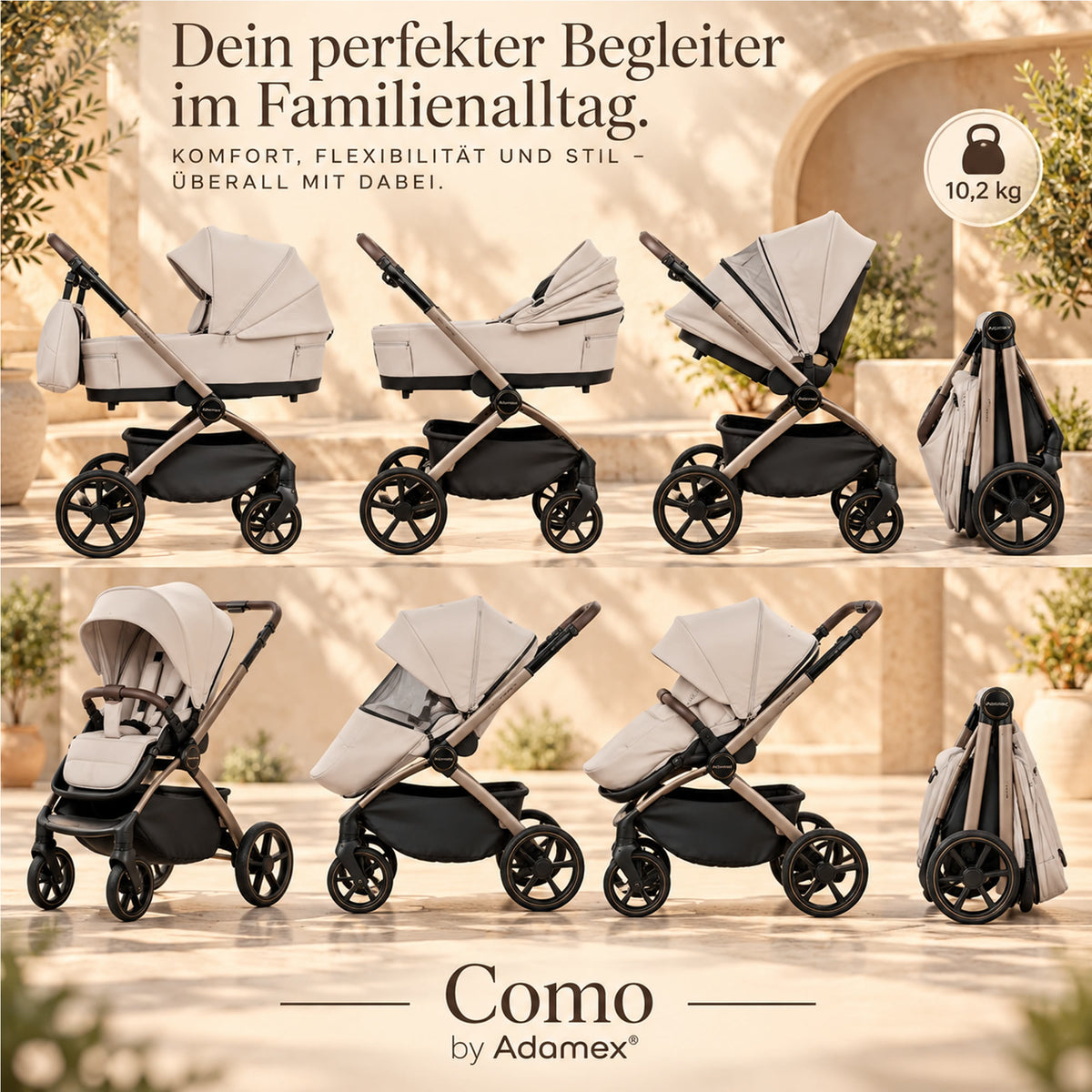 Adamex COMO 2-in-1 Kinderwagen Natura Beige – faltbare Babywanne