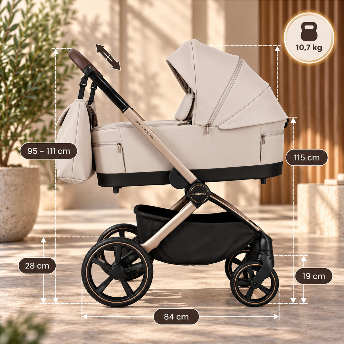 Adamex COMO 2-in-1 Kinderwagen Natura Beige – faltbare Babywanne