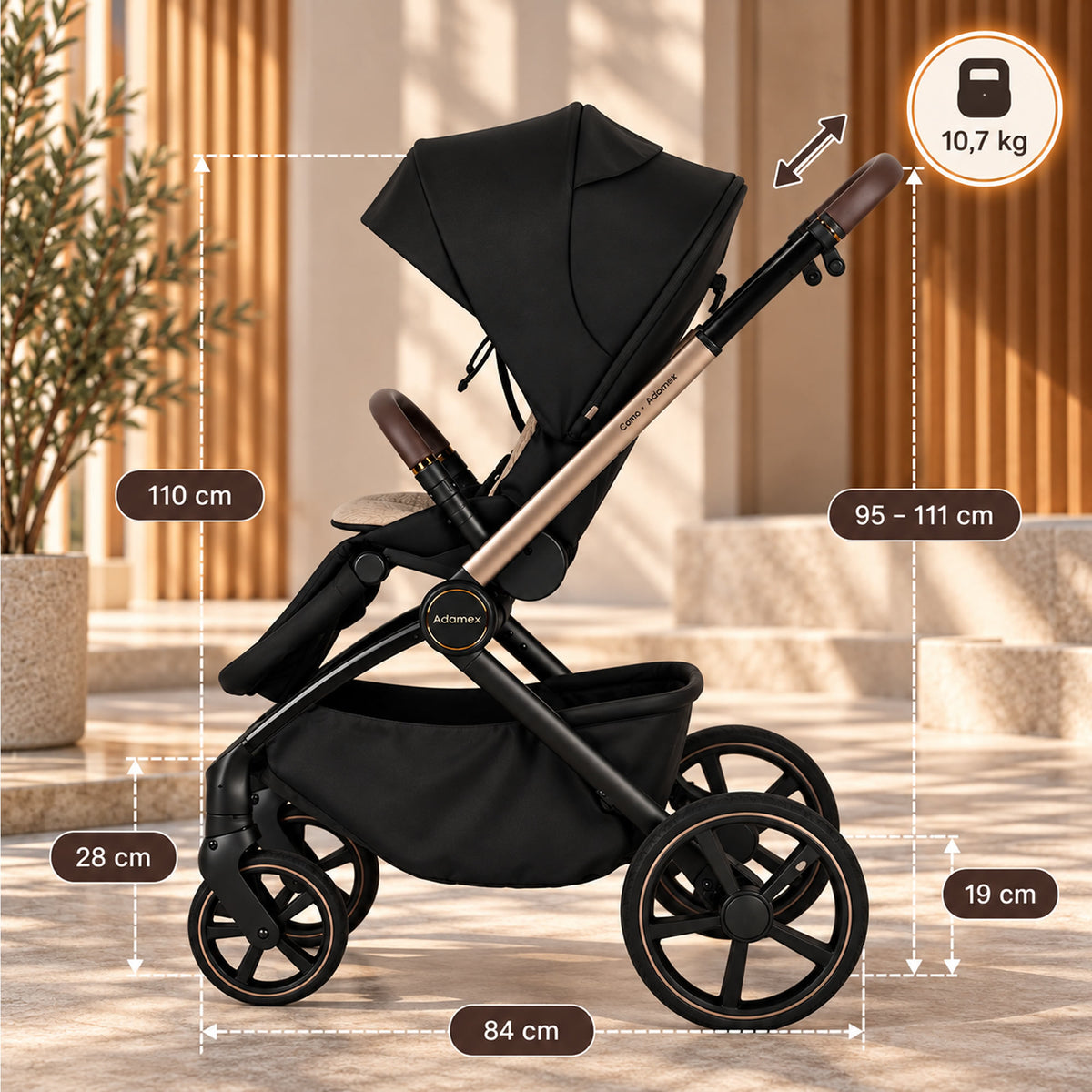 Adamex COMO 2-in-1 Kinderwagen Schwarz – faltbare Babywanne