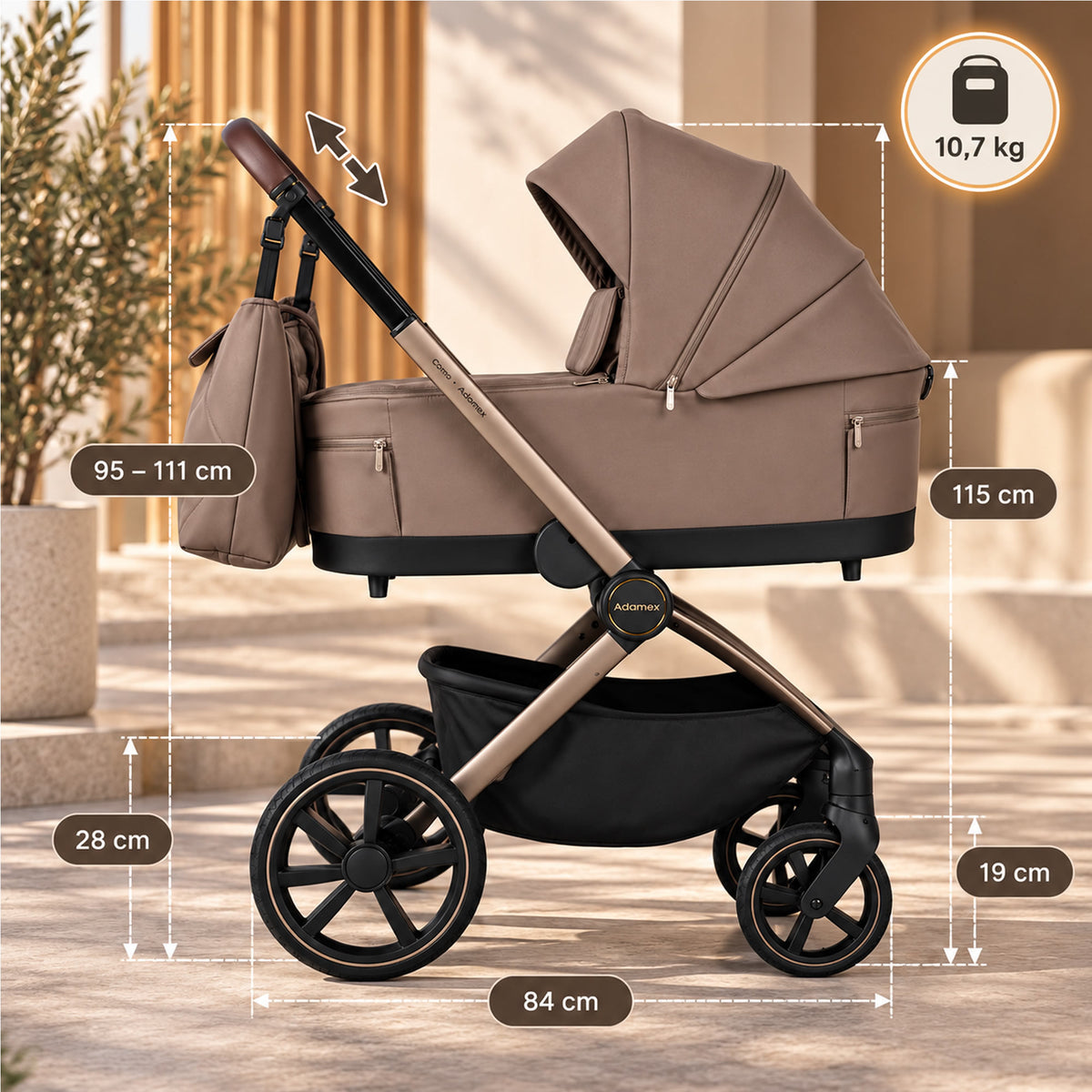 Adamex COMO 2-in-1 Kinderwagen Taupe – faltbare Babywanne