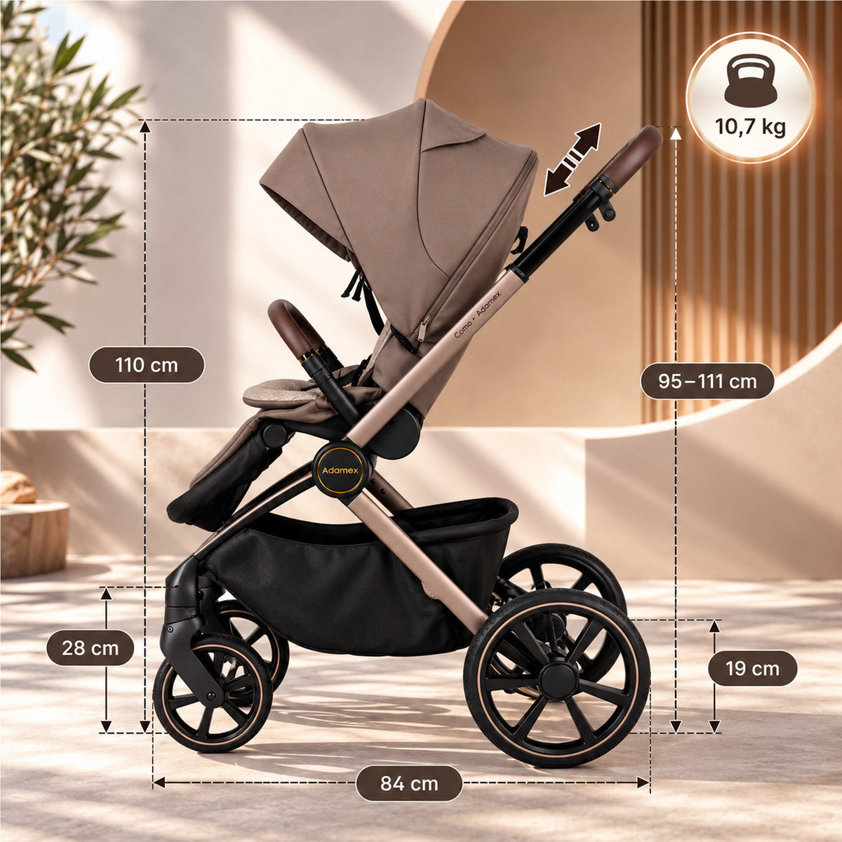 Adamex COMO 2-in-1 Kinderwagen Taupe – faltbare Babywanne