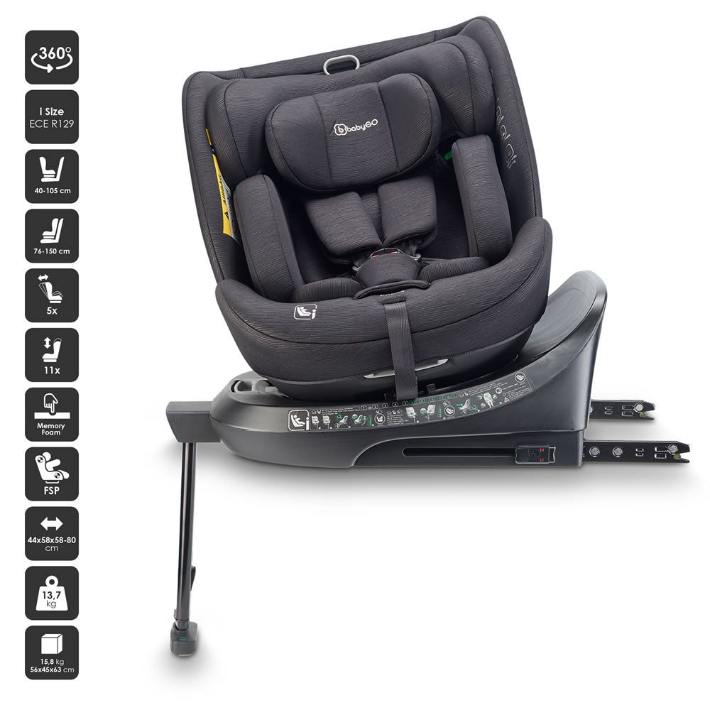 babyGO Move360 i-Size Kindersitz – 360° drehbar, ISOFIX & Standfuß (40–150 cm)