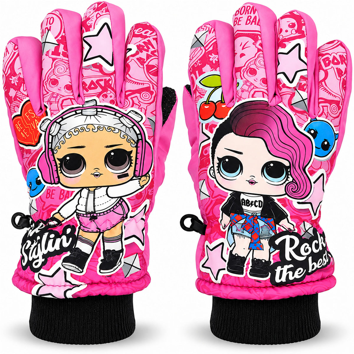 LOL Surprise Kinder Winterhandschuhe Pink mit Puppenmotiven und schwarzen Strickbündchen