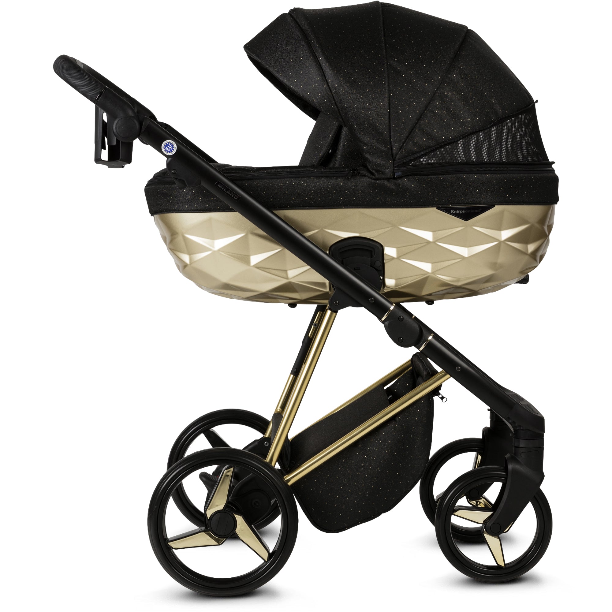 Luxus Kombi-Kinderwagen Milano Gold Schwarz – Limited Edition mit Galaxy Glitzerstoff & 3D Lack-Wanne