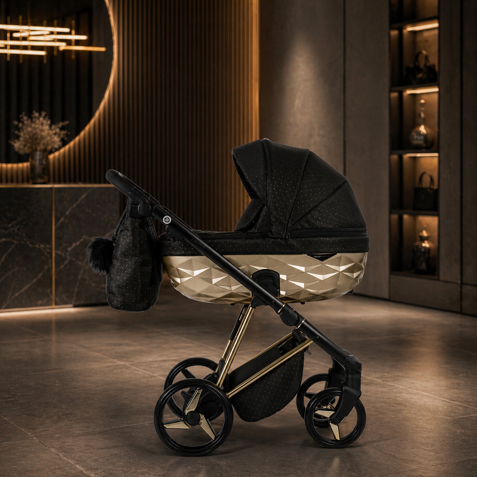 Luxus Kombi-Kinderwagen Milano Gold Schwarz – Limited Edition mit Galaxy Glitzerstoff & 3D Lack-Wanne