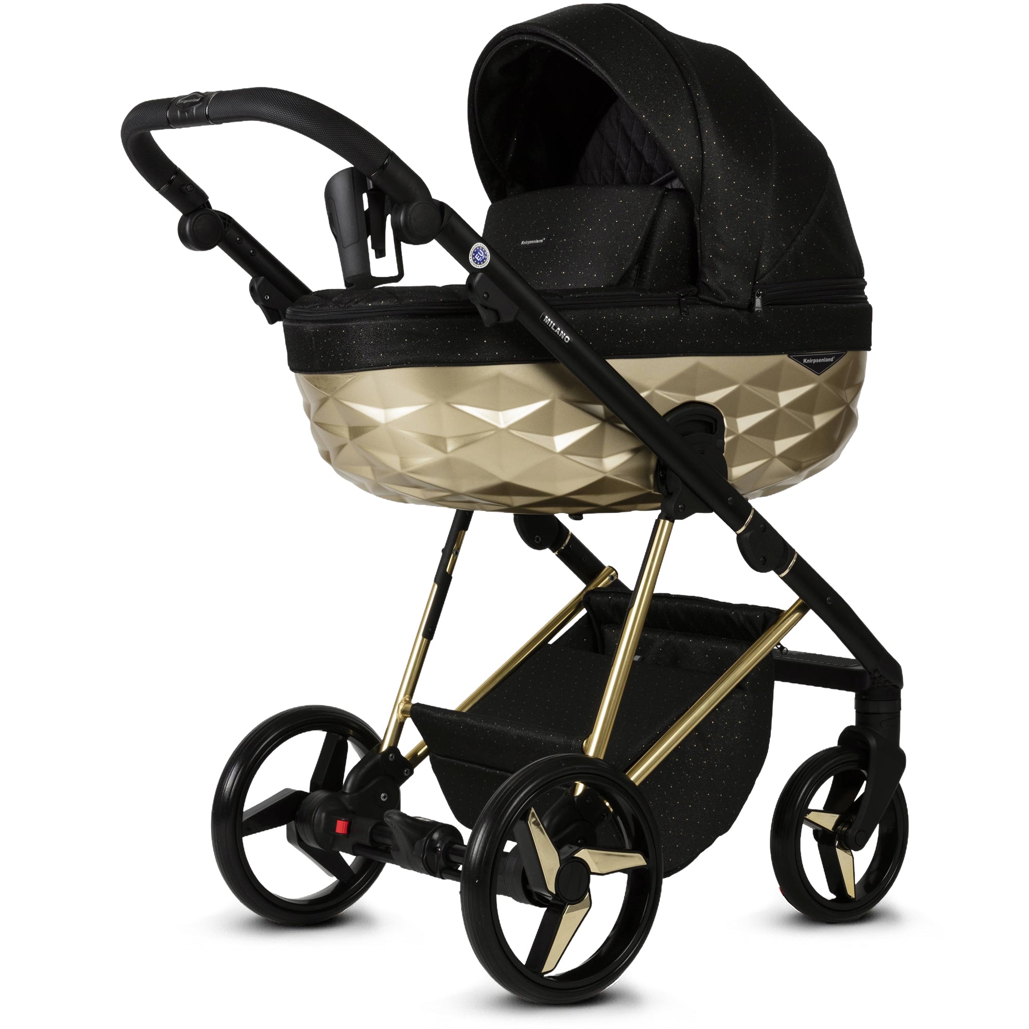 Luxus Kombi-Kinderwagen Milano Gold Schwarz – Limited Edition mit Galaxy Glitzerstoff & 3D Lack-Wanne