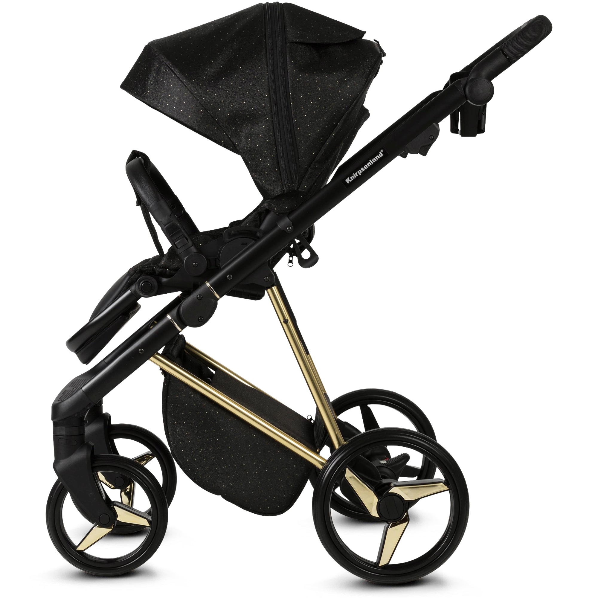Luxus Kombi-Kinderwagen Milano Gold Schwarz – Limited Edition mit Galaxy Glitzerstoff & 3D Lack-Wanne
