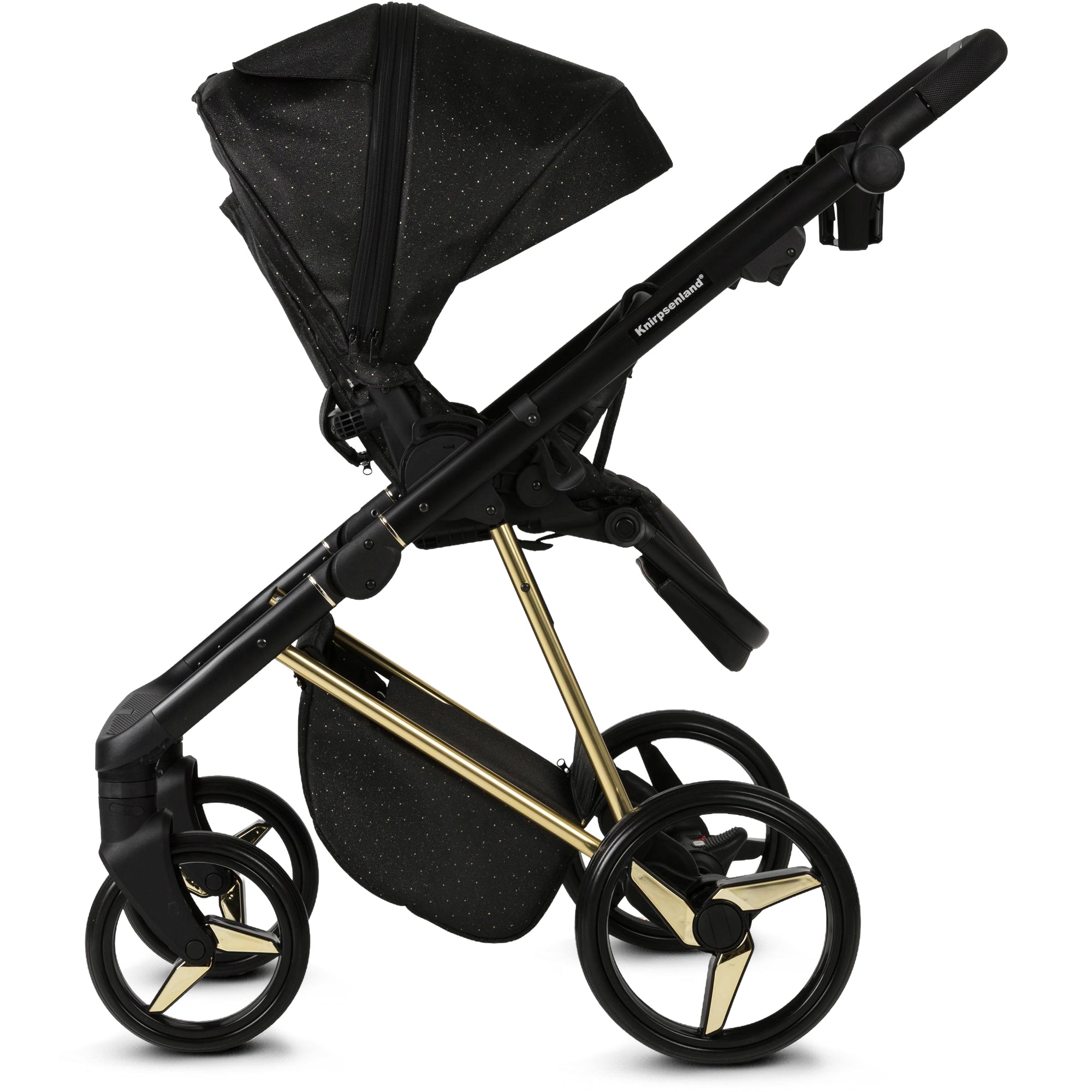Luxus Kombi-Kinderwagen Milano Gold Schwarz – Limited Edition mit Galaxy Glitzerstoff & 3D Lack-Wanne