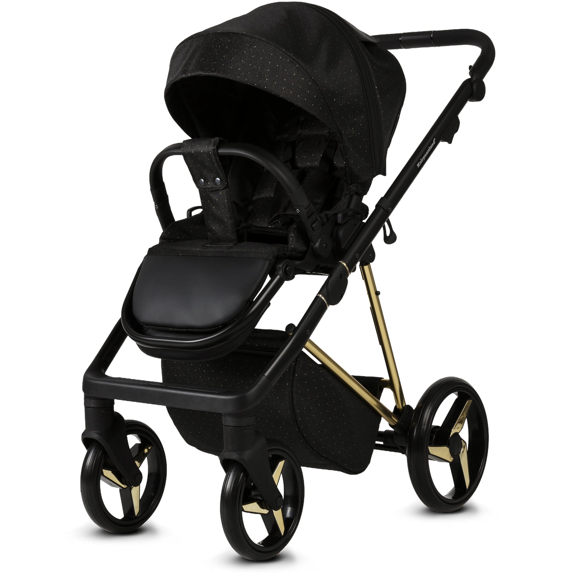 Luxus Kombi-Kinderwagen Milano Gold Schwarz – Limited Edition mit Galaxy Glitzerstoff & 3D Lack-Wanne