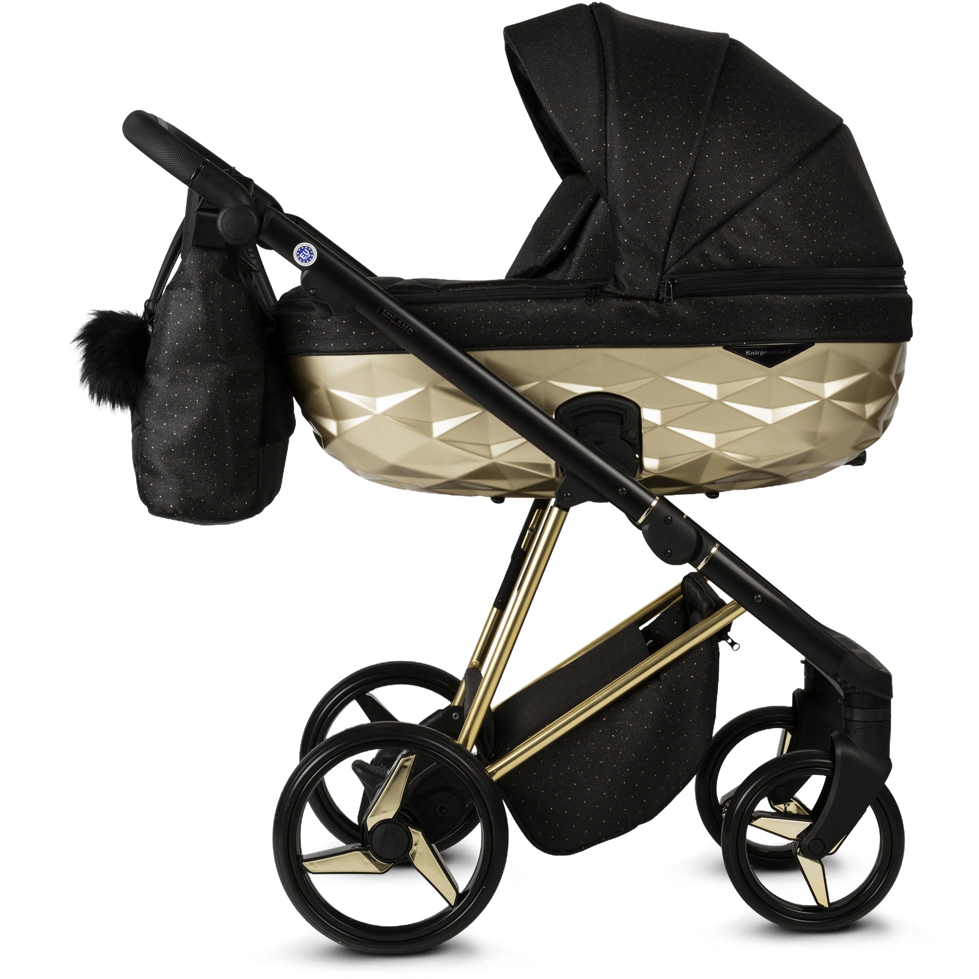Luxus Kombi-Kinderwagen Milano Gold Schwarz – Limited Edition mit Galaxy Glitzerstoff & 3D Lack-Wanne