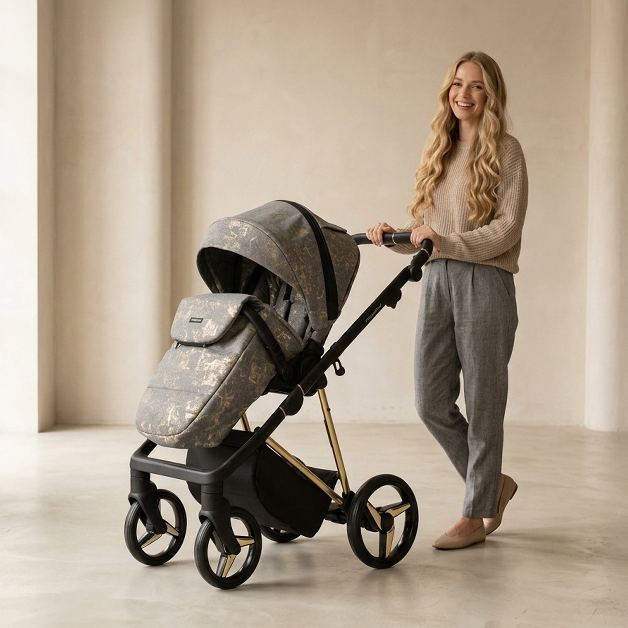 Luxus Kombi-Kinderwagen Milano Grau Gold – Limited Edition mit exklusiver Stoffstruktur