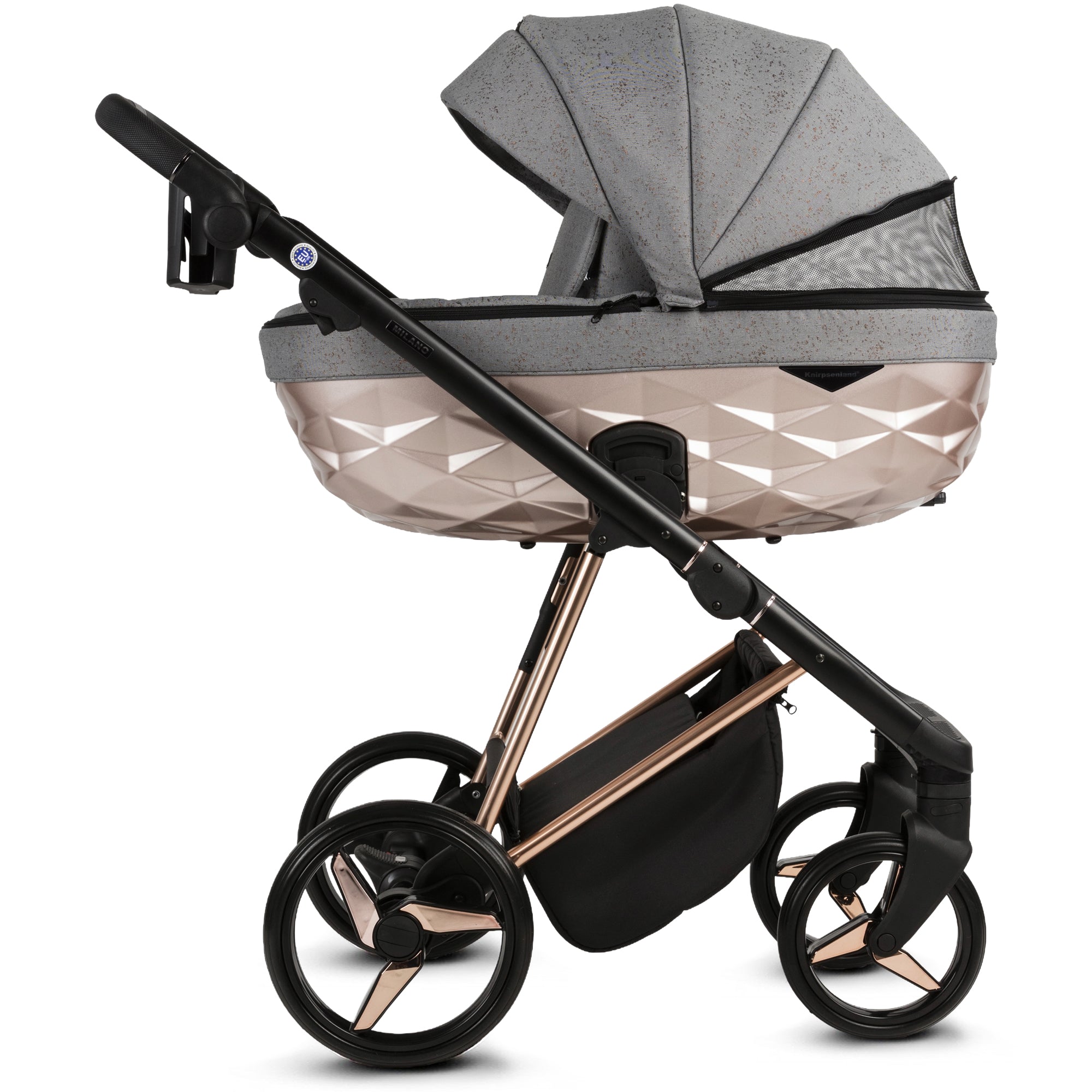 Luxus Kombi-Kinderwagen Milano Grau Roségold – Limited Edition mit Glitzerstoff & 3D Lack-Wanne