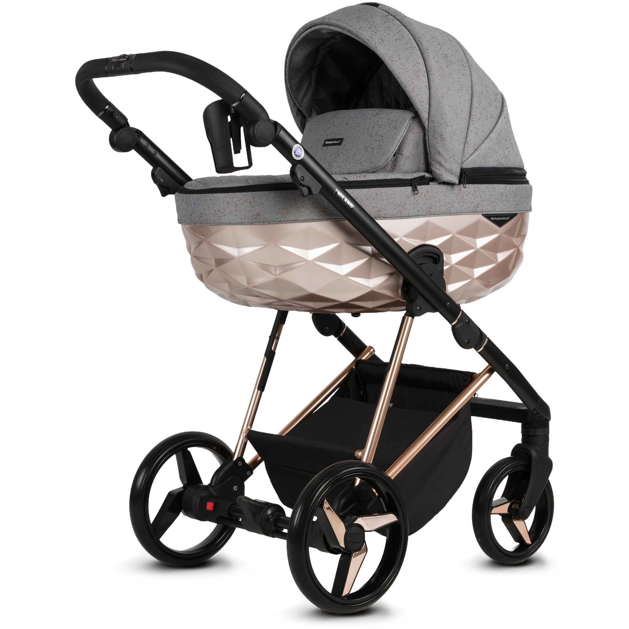 Luxus Kombi-Kinderwagen Milano Grau Roségold – Limited Edition mit Glitzerstoff & 3D Lack-Wanne