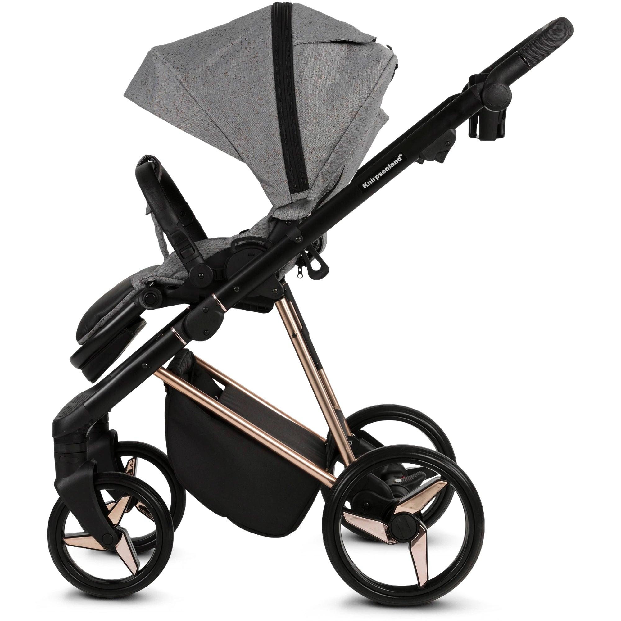 Luxus Kombi-Kinderwagen Milano Grau Roségold – Limited Edition mit Glitzerstoff & 3D Lack-Wanne