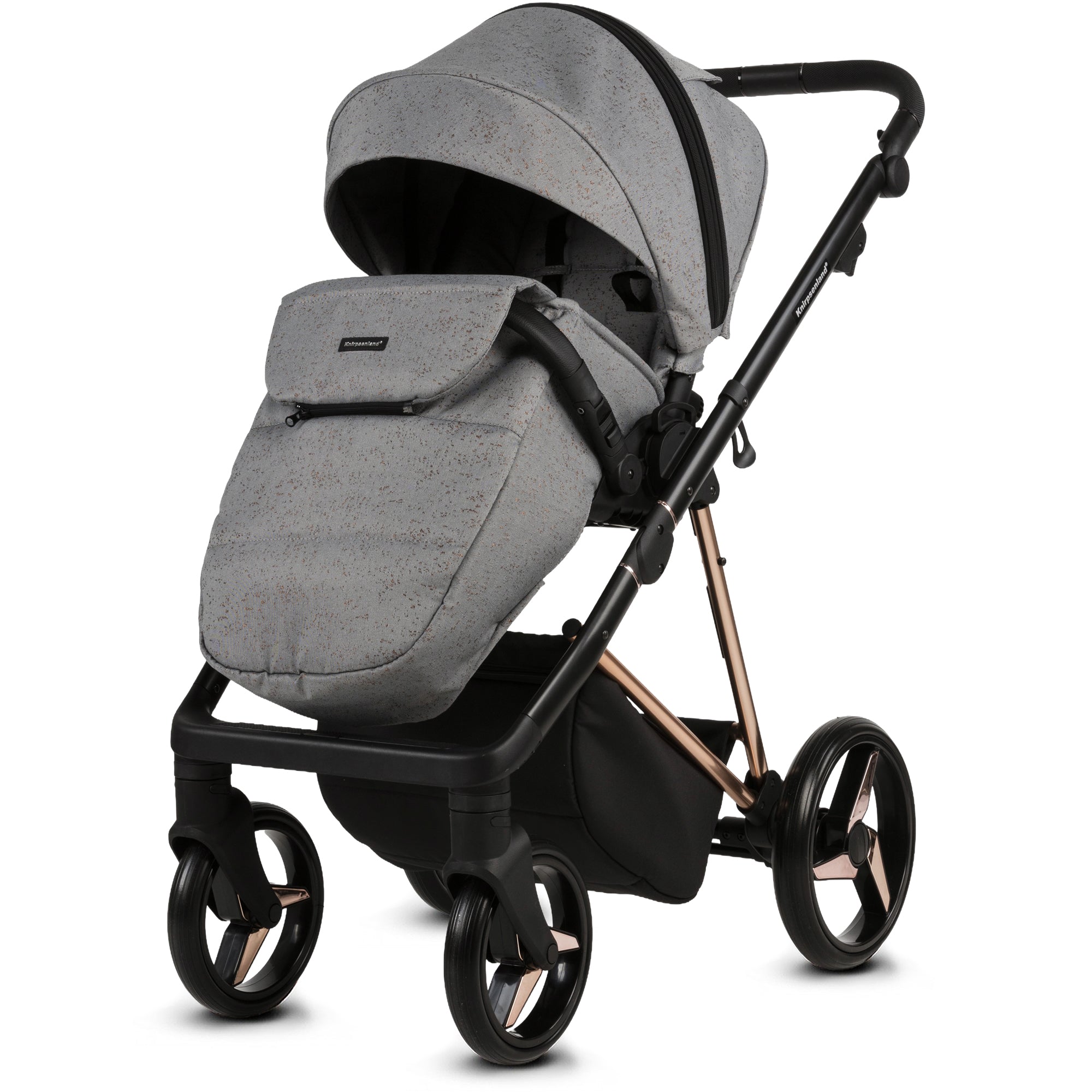 Luxus Kombi-Kinderwagen Milano Grau Roségold – Limited Edition mit Glitzerstoff & 3D Lack-Wanne