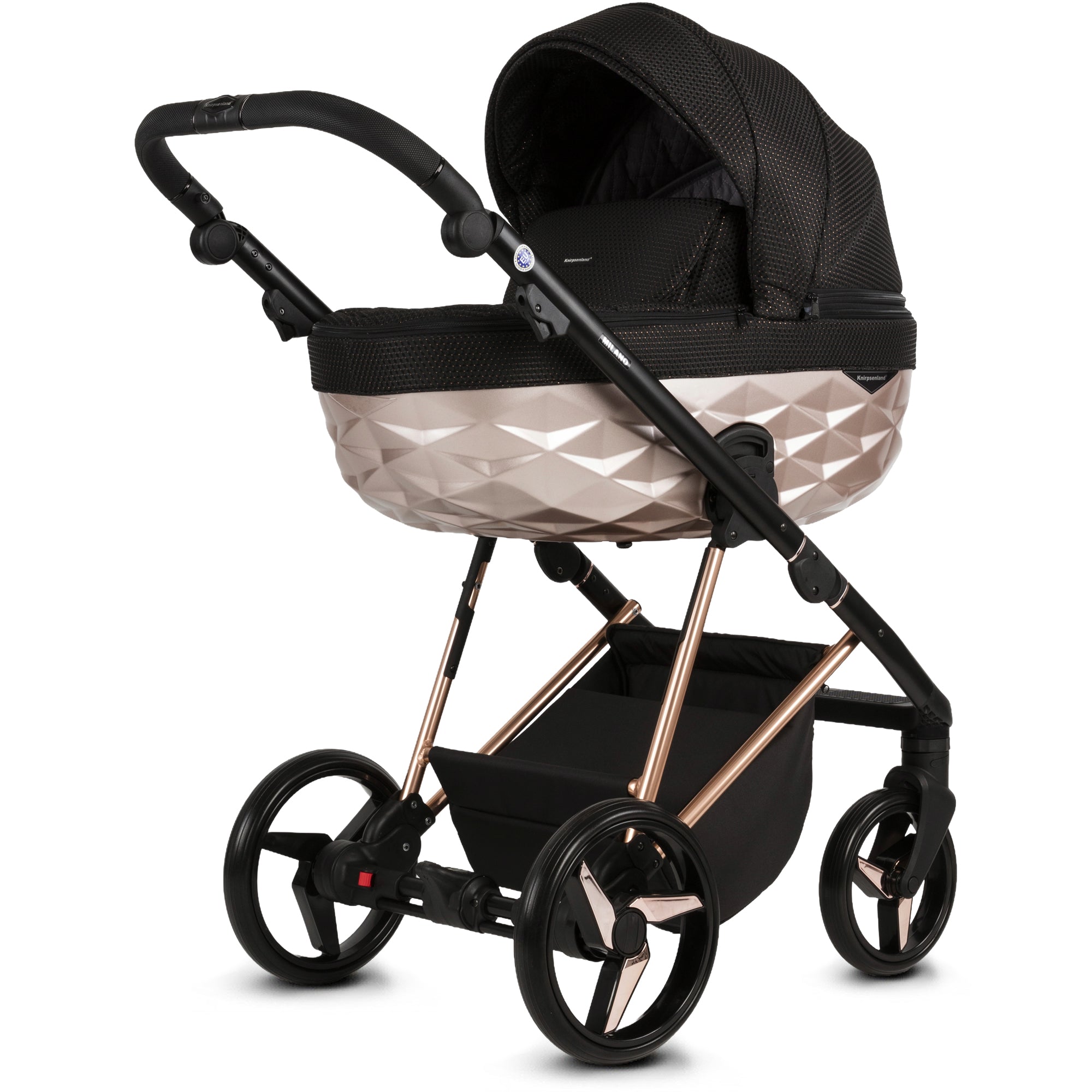 Luxus Kombi-Kinderwagen Milano Schwarz Roségold – Limited Edition mit Strukturstoff & 3D Lack-Wanne