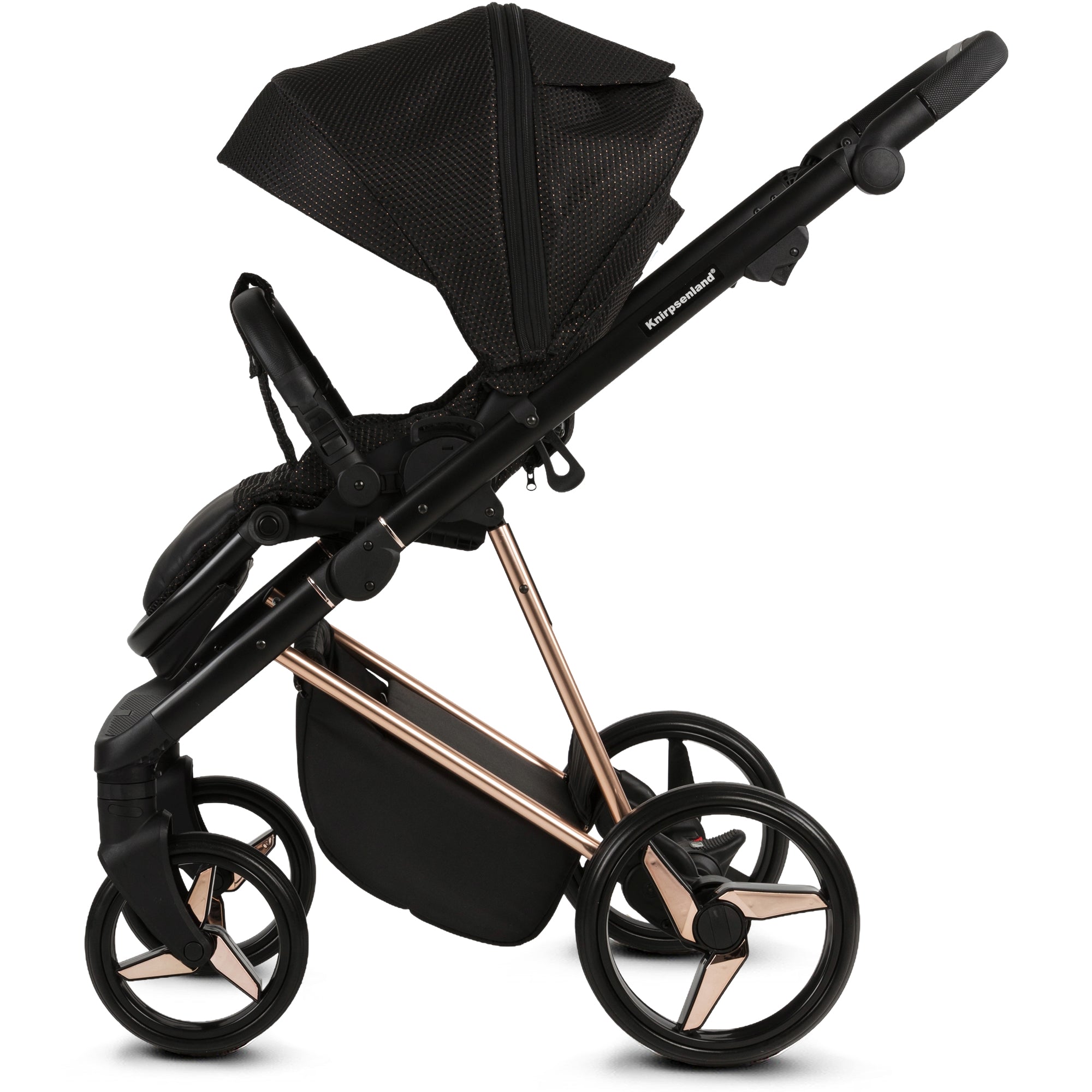 Luxus Kombi-Kinderwagen Milano Schwarz Roségold – Limited Edition mit Strukturstoff & 3D Lack-Wanne