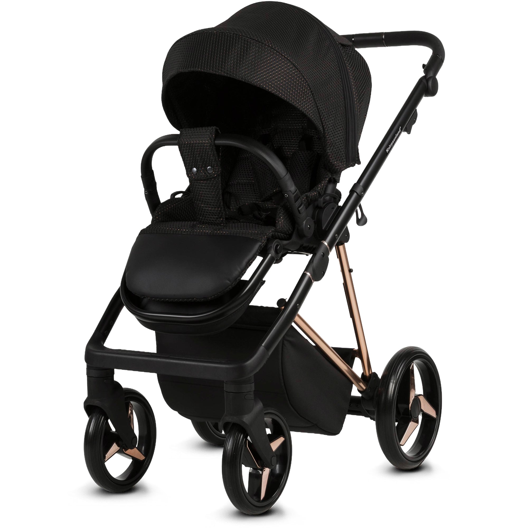 Luxus Kombi-Kinderwagen Milano Schwarz Roségold – Limited Edition mit Strukturstoff & 3D Lack-Wanne