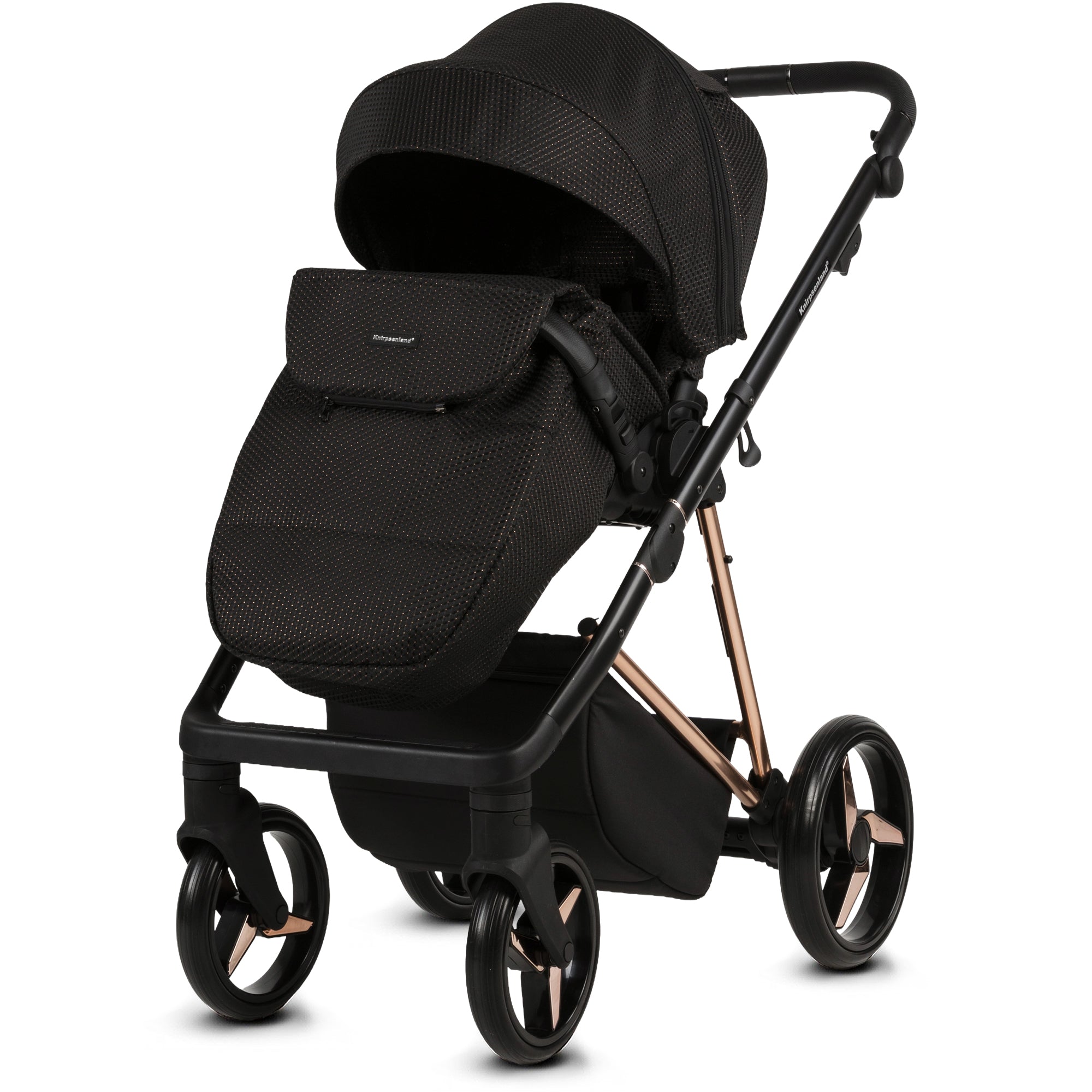 Luxus Kombi-Kinderwagen Milano Schwarz Roségold – Limited Edition mit Strukturstoff & 3D Lack-Wanne
