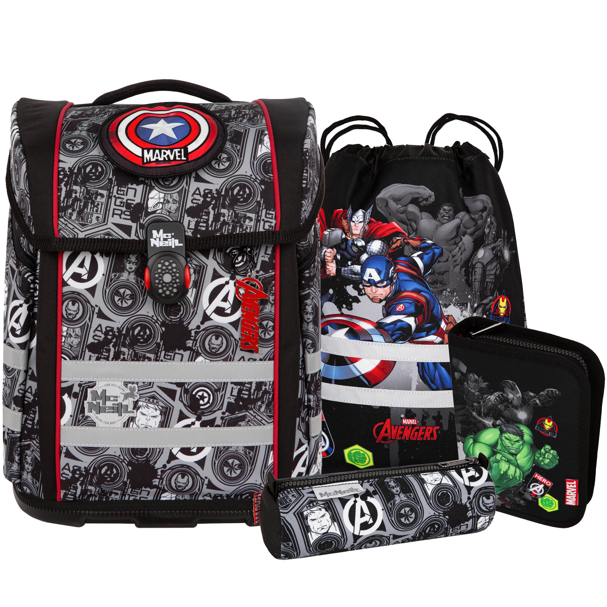 McNeill Schulranzen Perfecto Avengers 5tlg. Set – Ergonomischer Marvel ClickFlex System