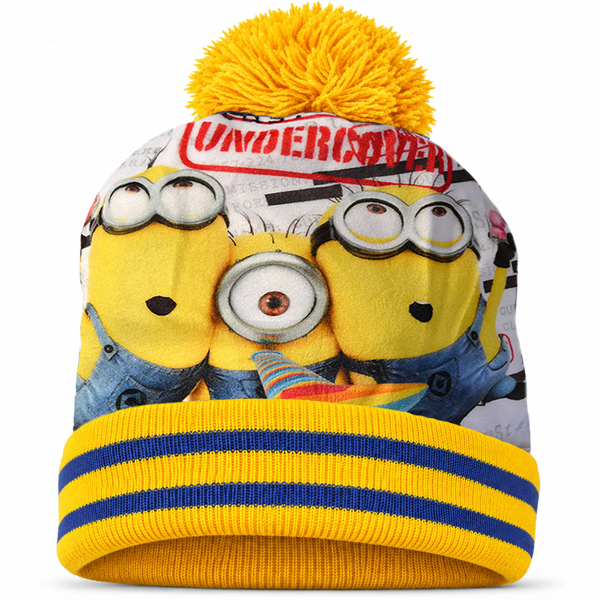 Minions Kinder Wintermütze mit Bommel – warm gefüttert, Gr. 52–54