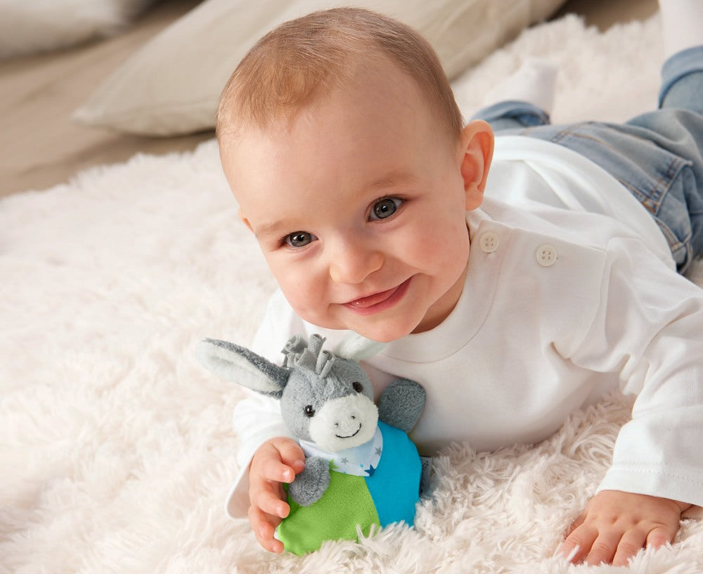 Baby auf Krabbeldecke mit Plüschtier