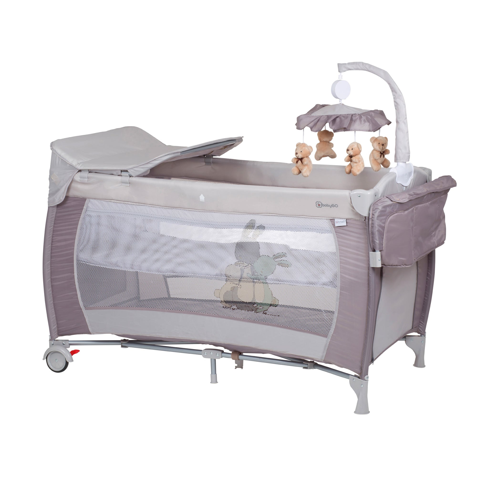 babyGO Reisebett Sleeper Deluxe 3in1 – Baby Reisebett mit Wickelauflage, Mobile & Zubehör