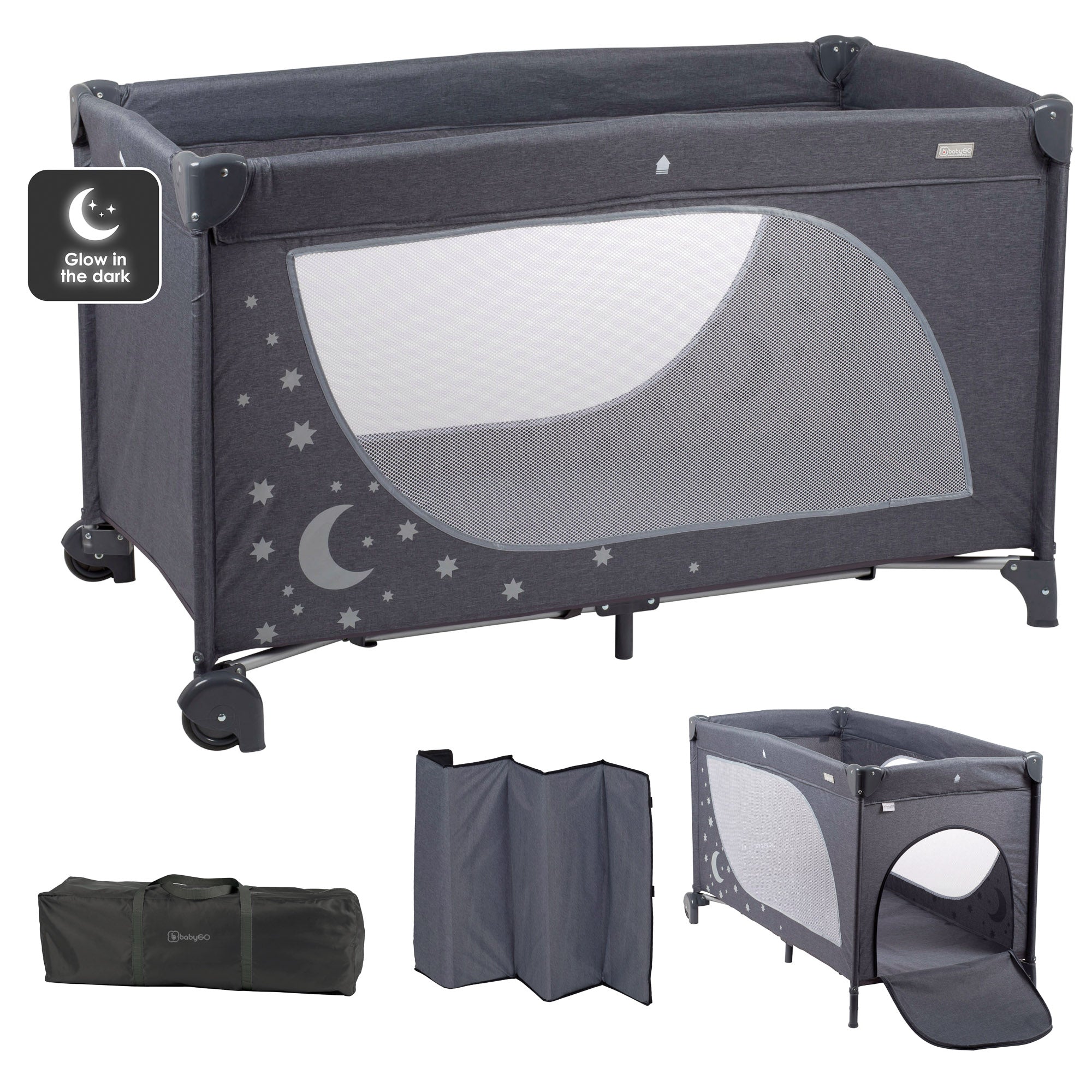 babyGO Moonstar Reisebett 120x60 cm – Glow in the Dark Reisebett mit Seiteneinstieg & Tragetasche
