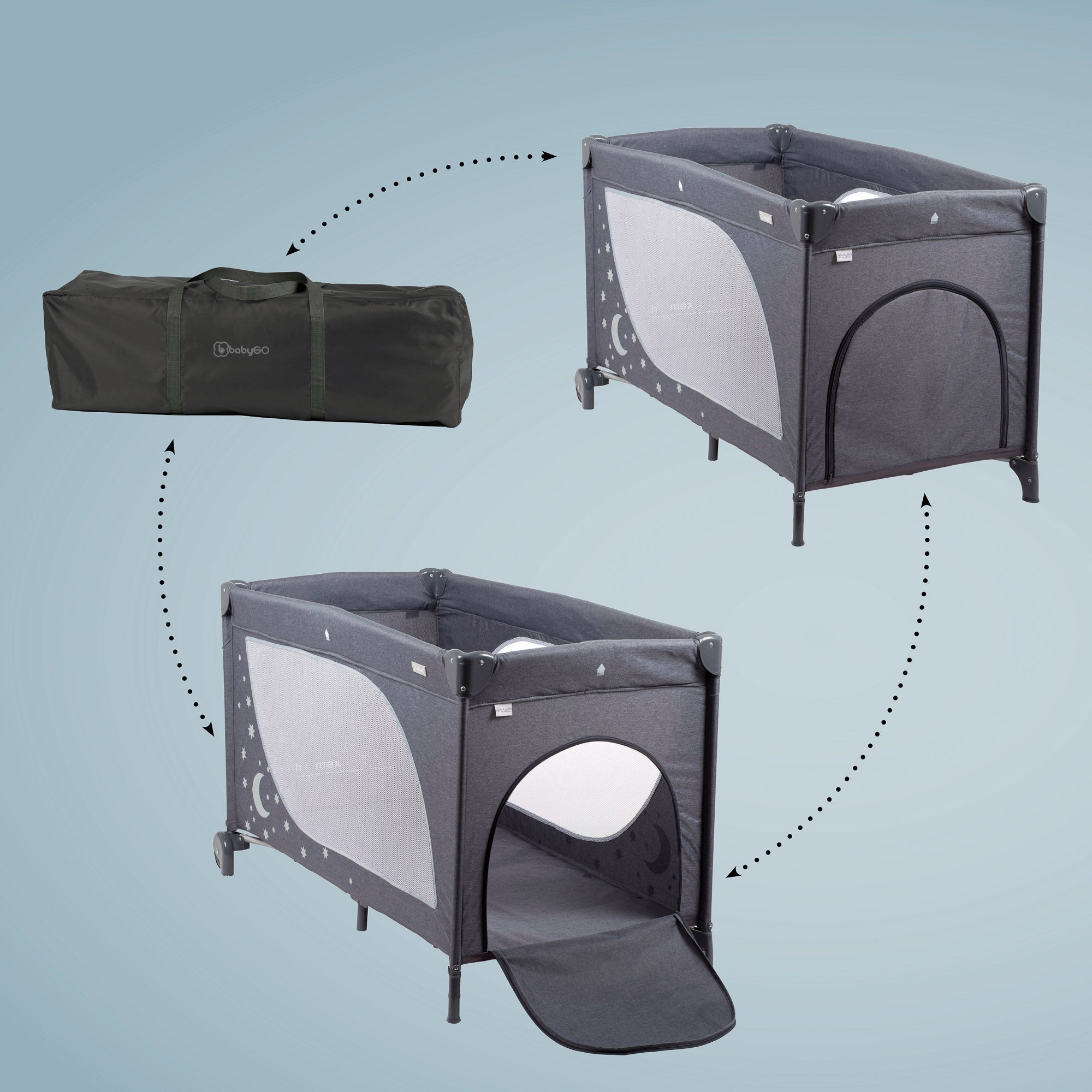 babyGO Moonstar Reisebett 120x60 cm – Glow in the Dark Reisebett mit Seiteneinstieg & Tragetasche