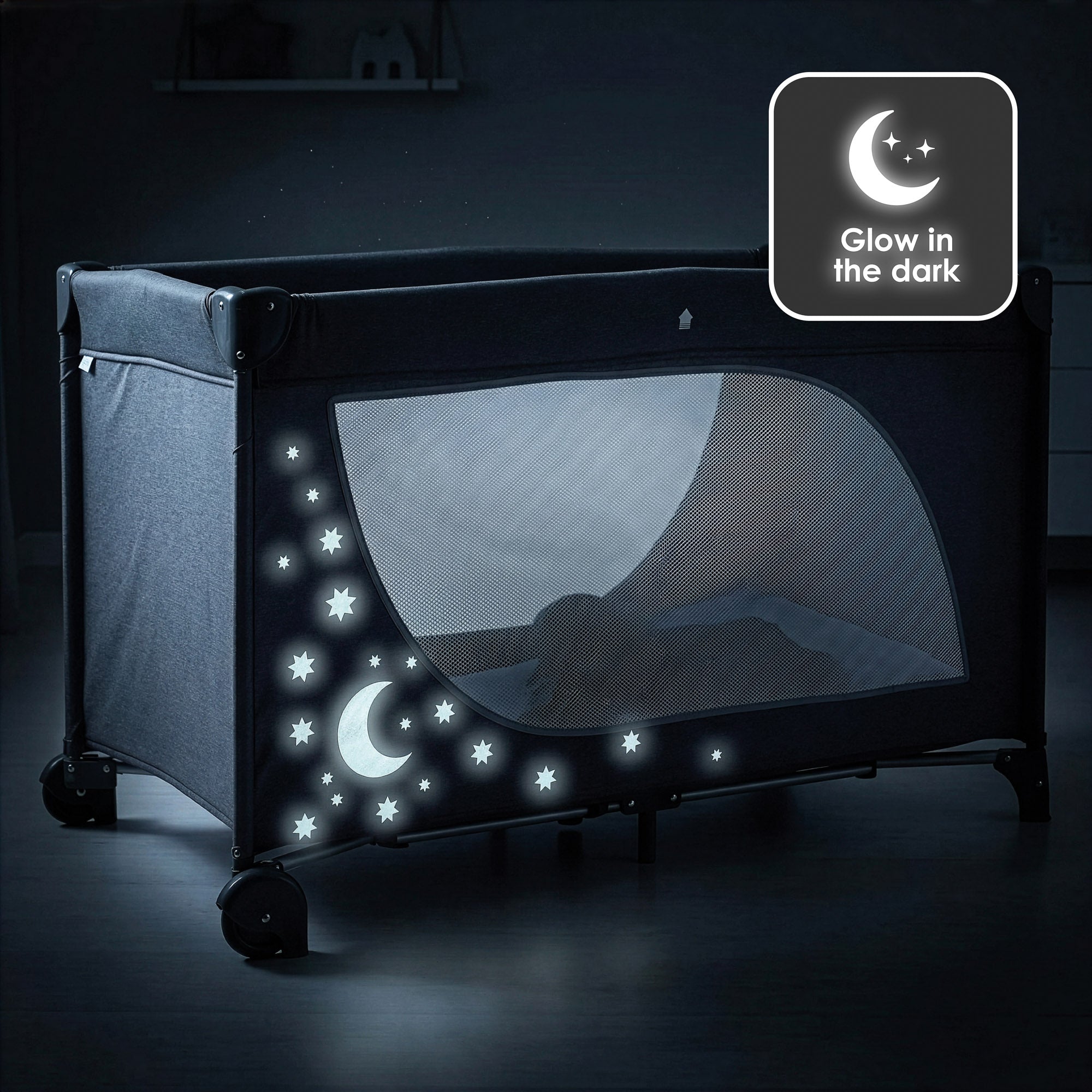 babyGO Moonstar Reisebett 120x60 cm – Glow in the Dark Reisebett mit Seiteneinstieg & Tragetasche