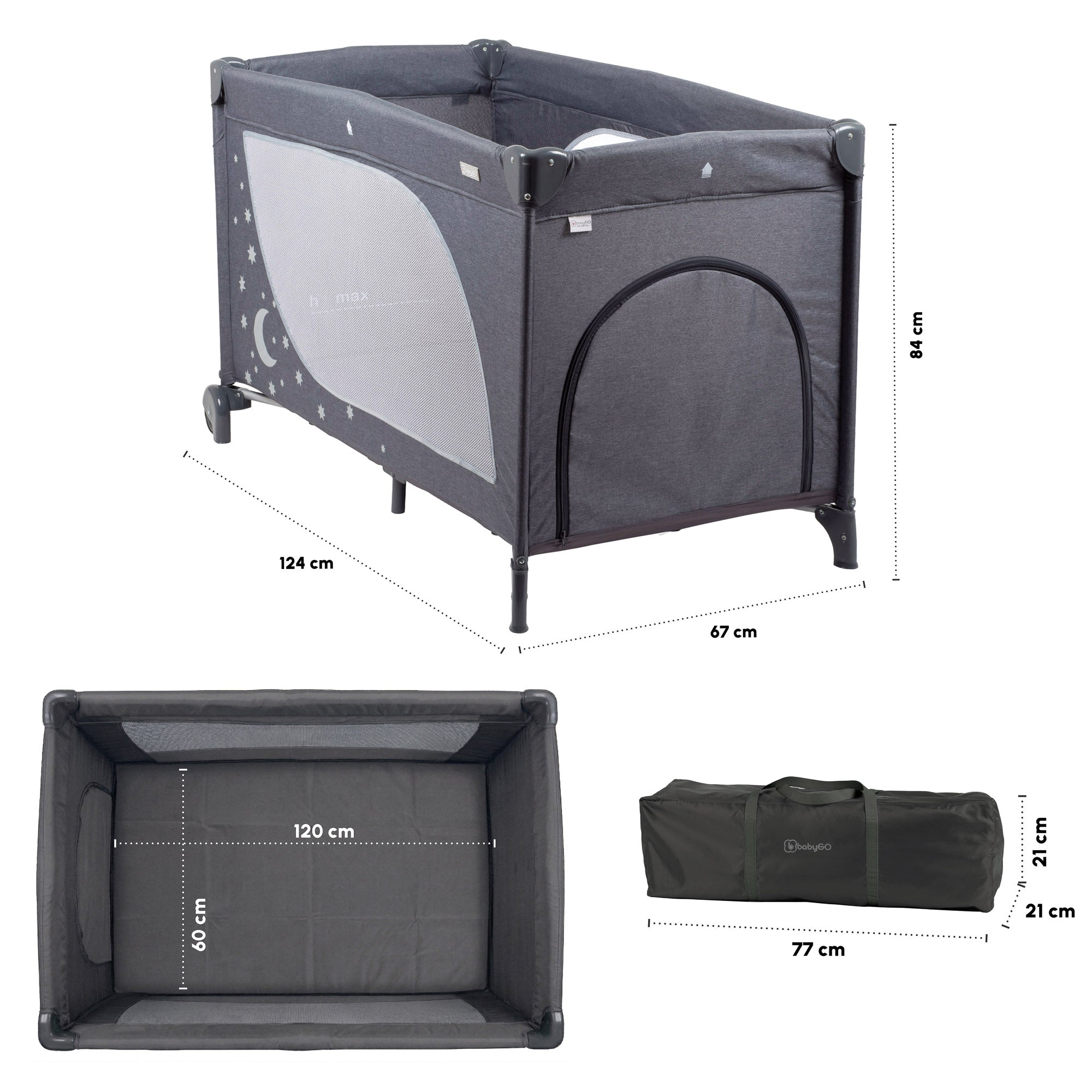 babyGO Moonstar Reisebett 120x60 cm – Glow in the Dark Reisebett mit Seiteneinstieg & Tragetasche