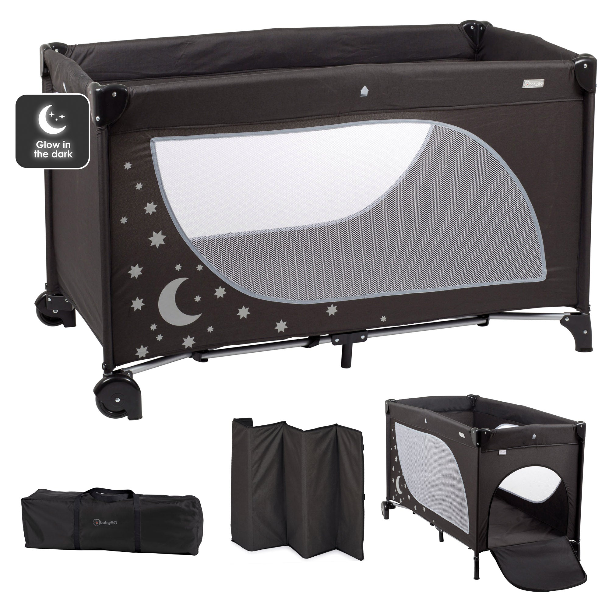 babyGO Moonstar Reisebett 120x60 cm – Glow in the Dark Reisebett mit Seiteneinstieg & Tragetasche