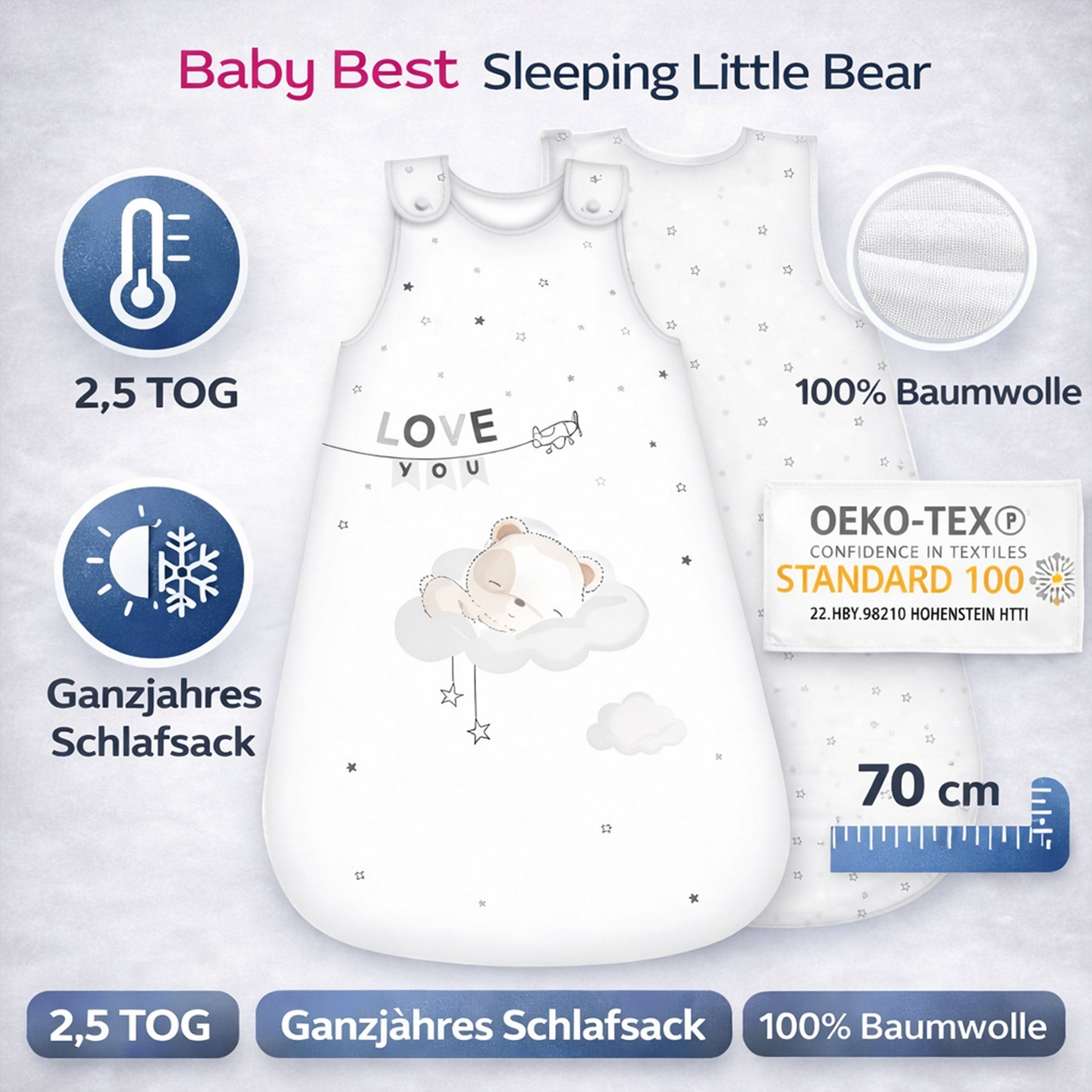 babybest® Babyschlafsack Sleeping Little Bear 70 cm – Ganzjahres Schlafsack 2,5 TOG
