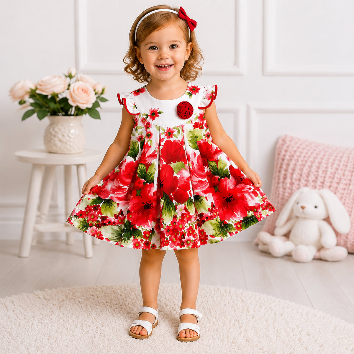 Baby Sommerkleid Mädchen Mohnblumen Weiß Rot – Baumwolle Gr. 62–68