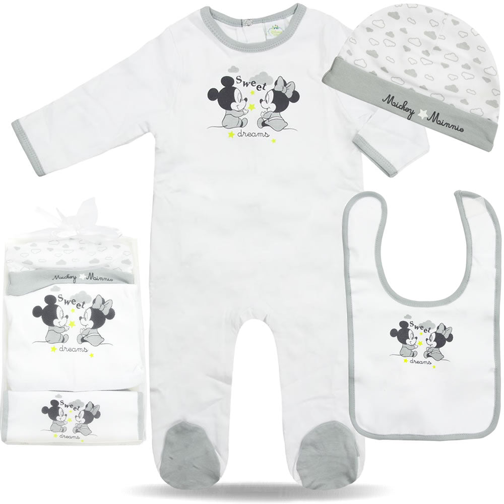 Baby Strampler Set Erstlingsset Mütze Latz Mickey Minnie Maus