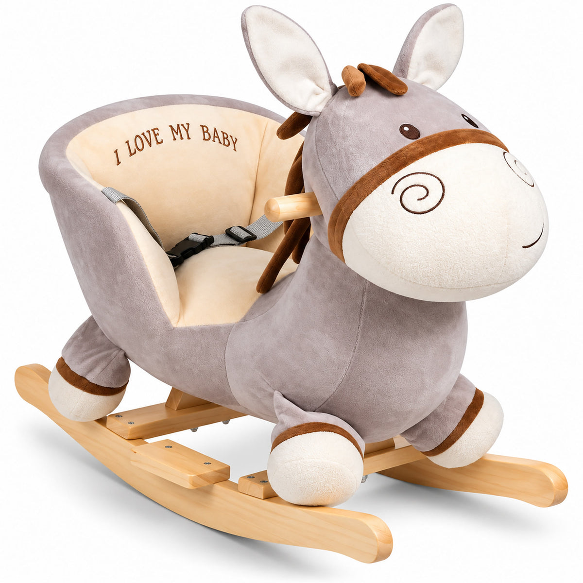babyGO Schaukel-Esel mit Sound aus grau-cremefarbenem Plüsch mit brauner Mähne, Sitz, Sicherheitsgurt und Holzgestell