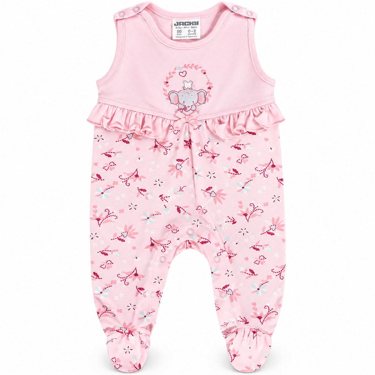 Jacky Baby Strampler Rosa mit Füßen – Elefant & Blumenmuster